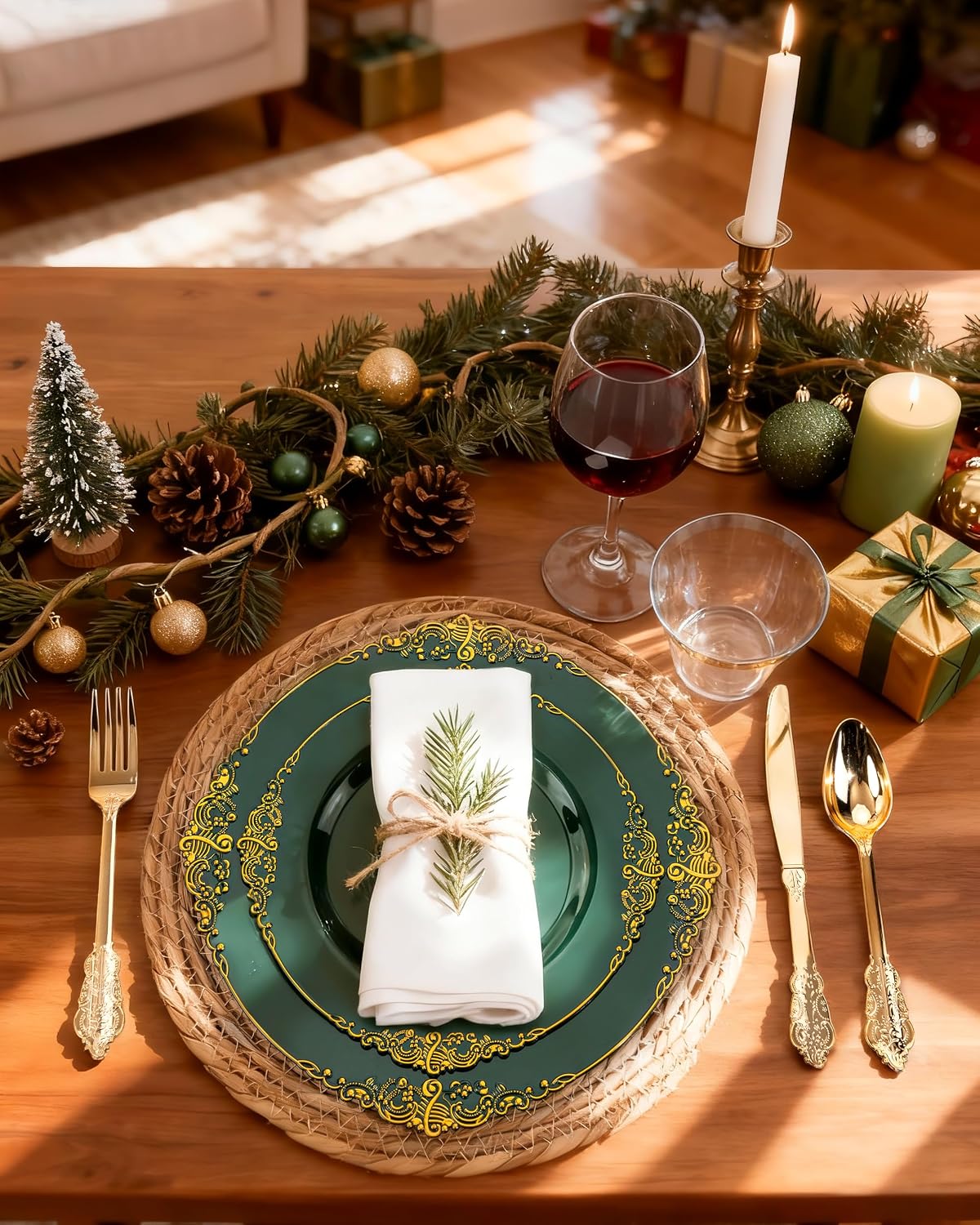 Nervure 175PCS Green Plastic Plates - Disposable Green Gold Party Plates & Pre Rolled Napkins with Cutlery for 25 Guests, 50Plates, 75Silverware, 25Cups, 25Napkin for Wedding & Party (Pack of 2)