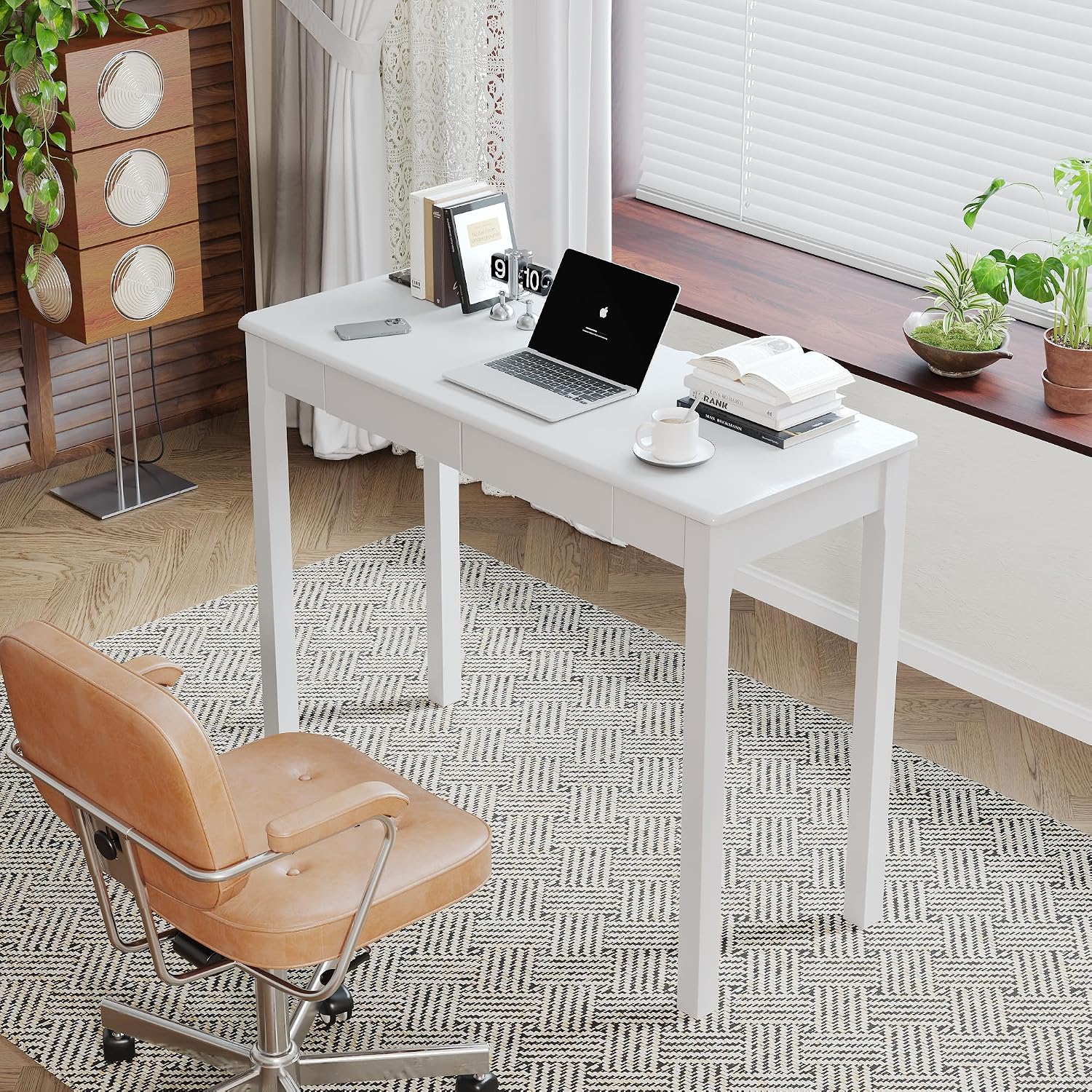 Solid Wood Desk with Drawers - 39' Narrow Desks for Small Spaces, Mid Century Modern Desks, Small Wooden Vintage Computer Writing Desk, Study Table for Home Office Bedroom, White