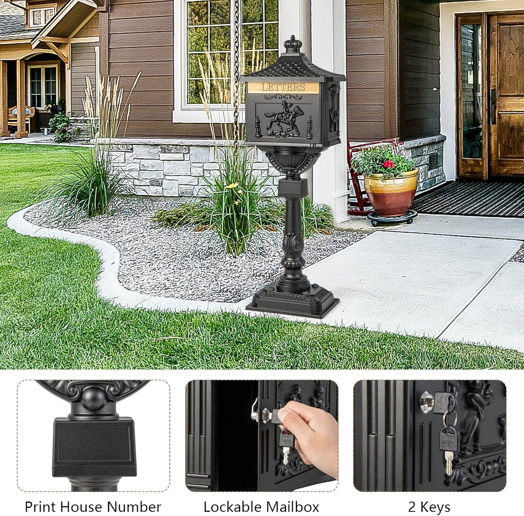 Giantex Cast Aluminum Mailbox with Post - Locking Residential Mailboxes for Outside with Keys, Baffle Door, Expansion Bolts, Address Panel, In-Ground Rust-Proof Large Security Postal Mailbox (Black)