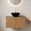 30' Floating Bathroom Vanity with Sink Combo, Modern Vanity with Vessel Sink, Wall-Mounted Plywood Bathroom Vanity Cabinet with Doors, Black Countertop and Round Basin,Brown Oak