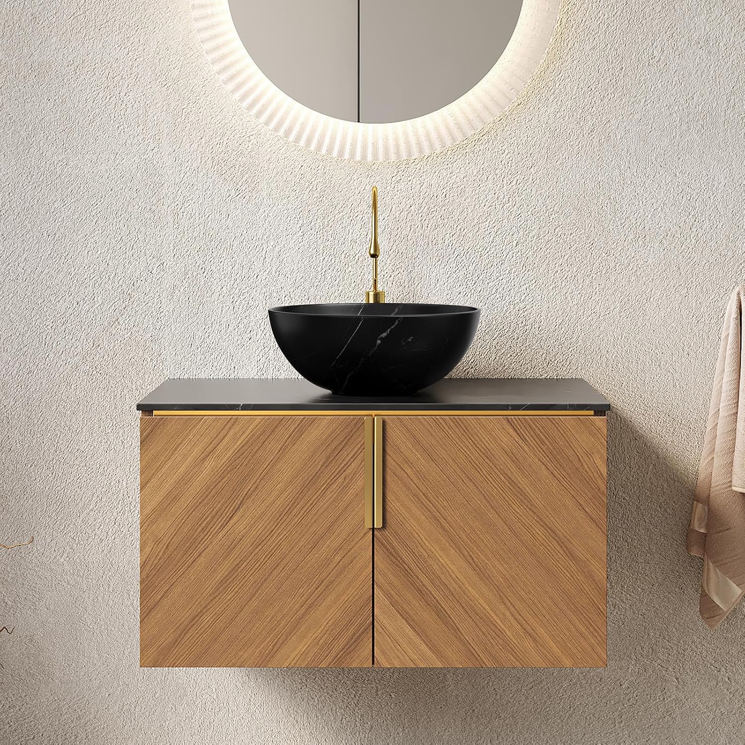 30' Floating Bathroom Vanity with Sink Combo, Modern Vanity with Vessel Sink, Wall-Mounted Plywood Bathroom Vanity Cabinet with Doors, Black Countertop and Round Basin,Brown Oak