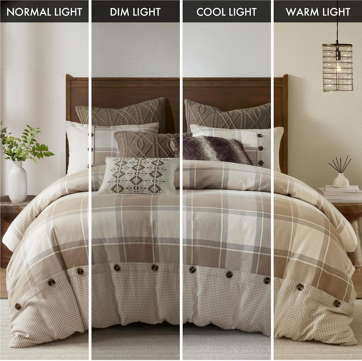 Madison Park King Comforter Cotton Jacquard Plaid Cabin Oversized Comforters King Bed, Removable Cover, All Season King Size Comforter, Décor Pillows, King/Cal King Neutral 9 Piece