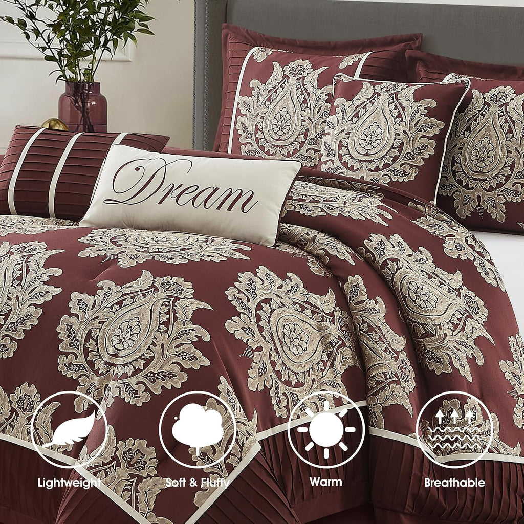 LANCO MODERN LIFESTYLE Burgundy Queen Comforter Set 7 Pieces, Jacquard Woven with Damask, Bedding Set in a Bag Includes Comforter, Bed Skirt, Pillow Shams, and Decorative Pillows