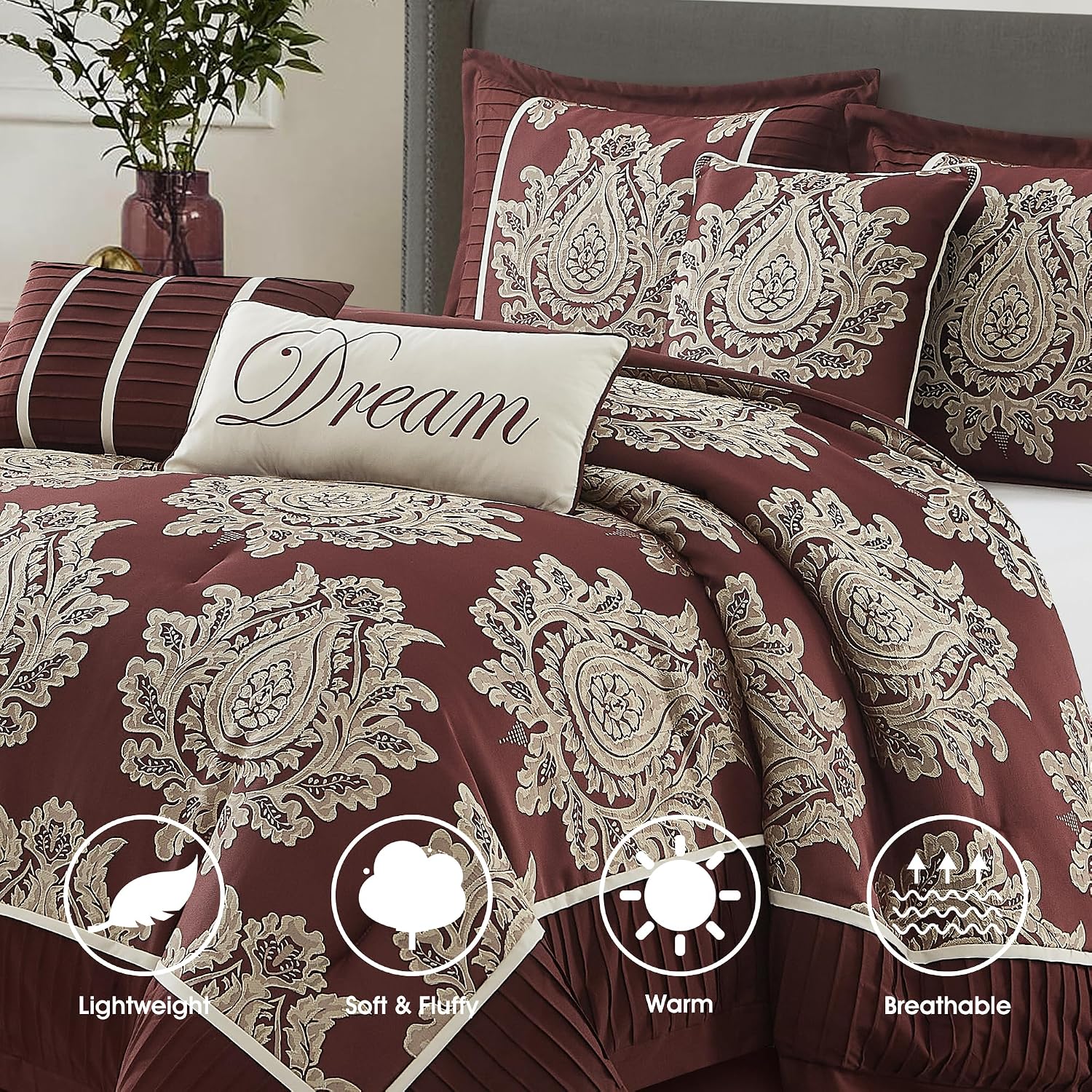 LANCO MODERN LIFESTYLE Burgundy Queen Comforter Set 7 Pieces, Jacquard Woven with Damask, Bedding Set in a Bag Includes Comforter, Bed Skirt, Pillow Shams, and Decorative Pillows