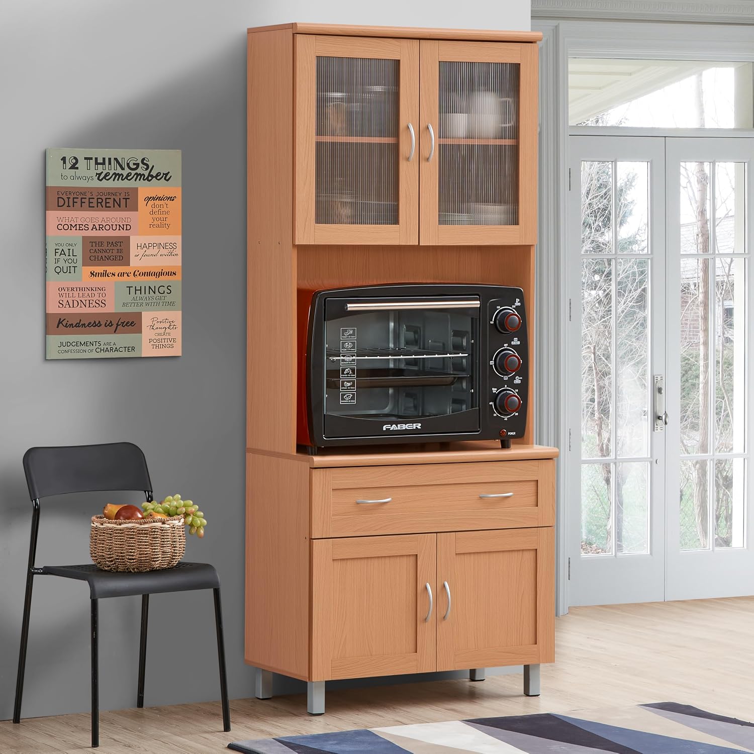 HODEDAH IMPORT Tall Standing Kitchen Cabinet with Top and Bottom Enclosed Cabinet Space, 1-Drawer, Large Open Space for Microwave in Beech