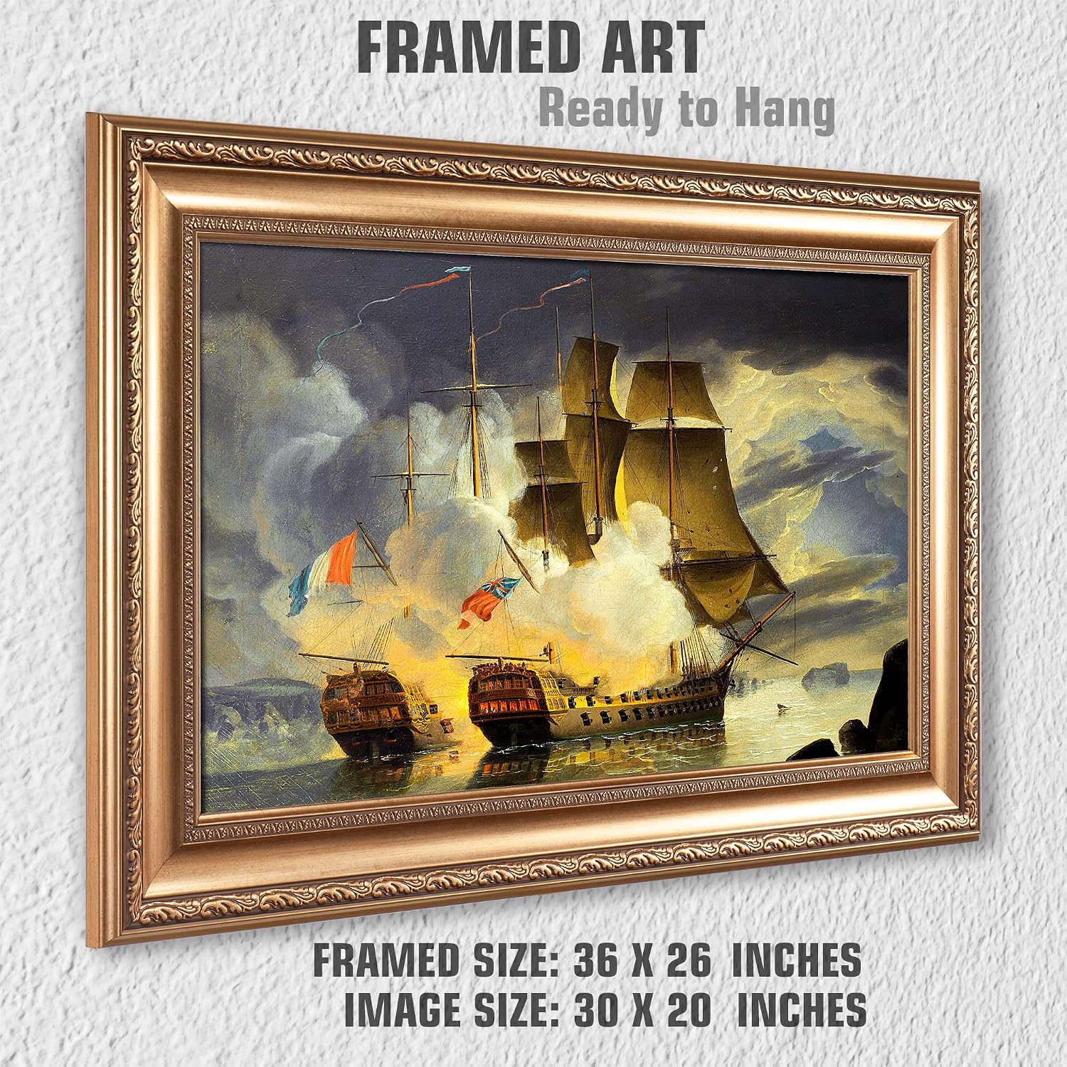 Battle of the Raz de Sein by John Christian Schetky Sailboat Warship Painting Reproductions Framed Size:36x26 inches,Image Size:30x20 inches World Classic Reproductions For HomeDecor,Gold Frame