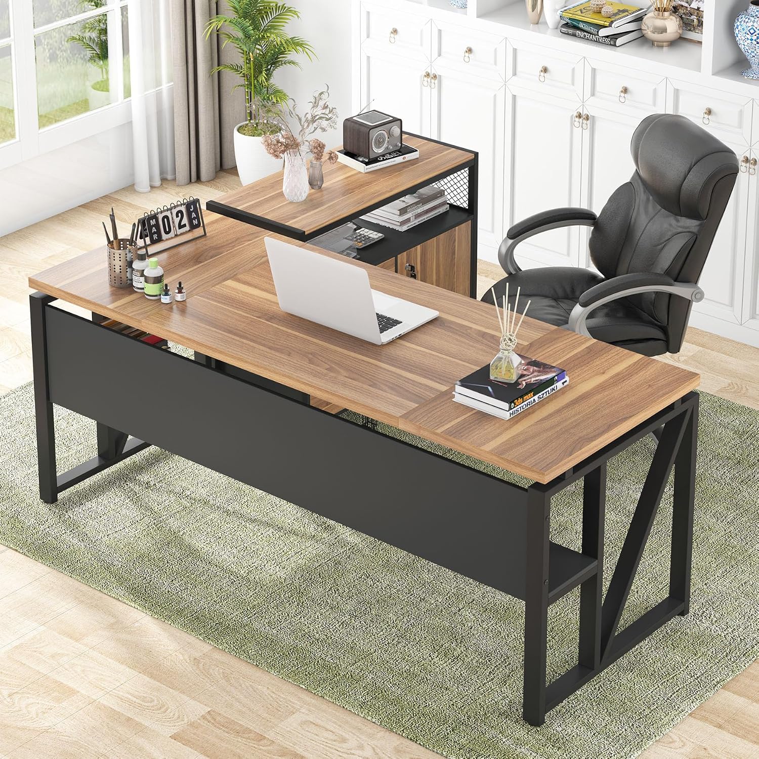 Tribesigns 63' Executive with Drawer Cabinet, L Shaped Desk and Lock lateral File Cabinet, 2 Piece Home Office Furniture Set with Drawers for Hanging File, (Brown, 63 inches)