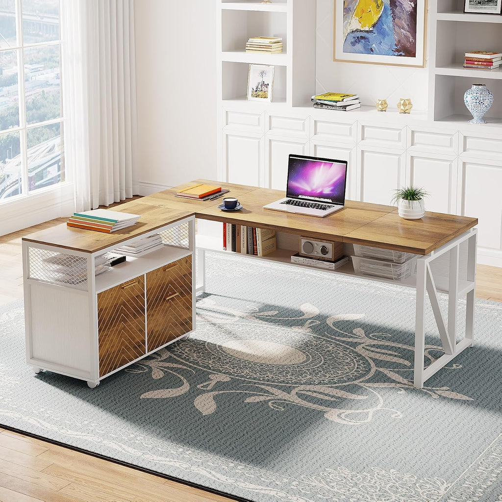 Tribesigns L Shaped Desk with Drawer,63' Executive Computer Desk and lateral File Cabinet, 2 Piece Home Office Furniture for Hanging File, Cabinet with Doors