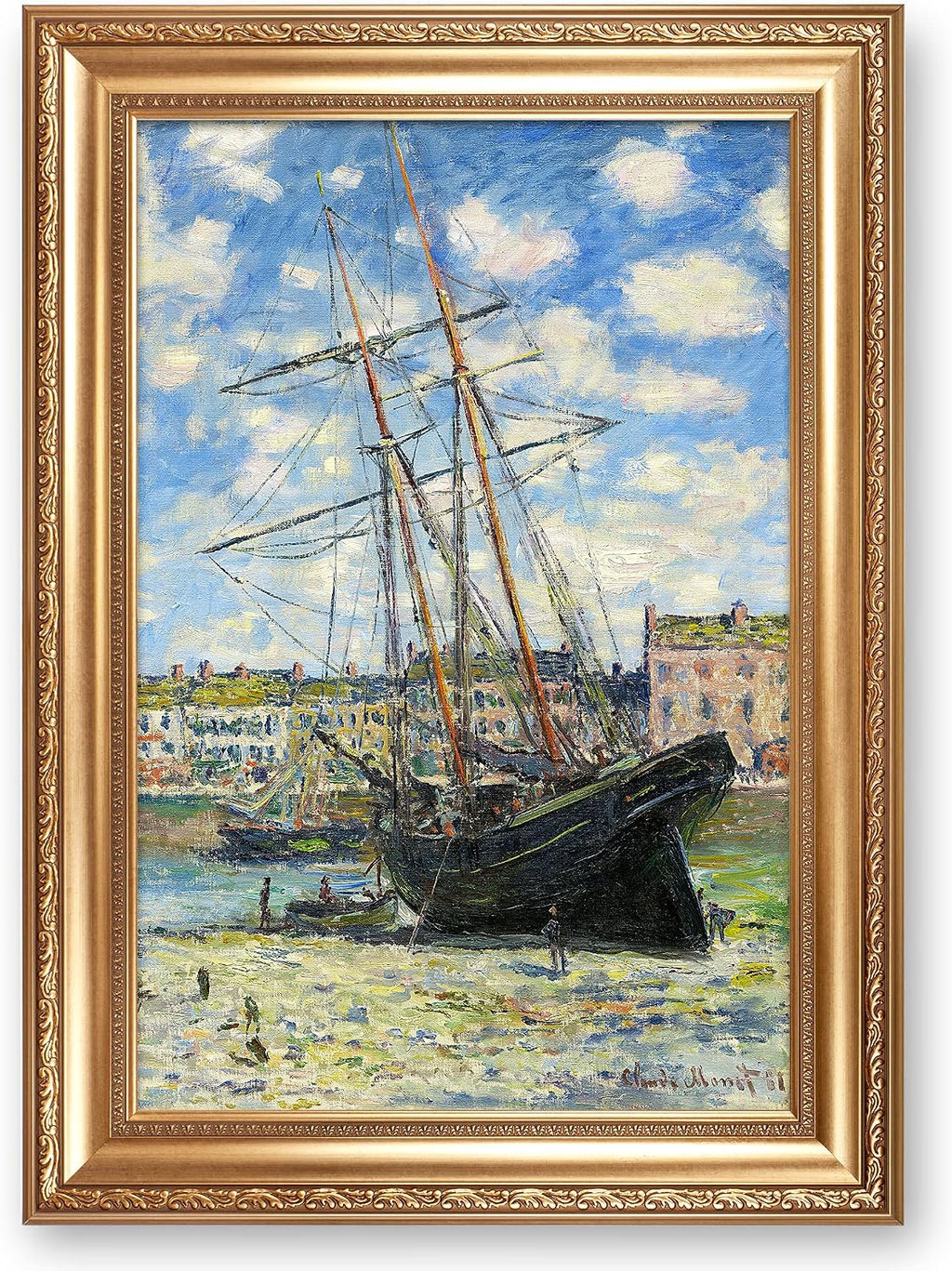 Boat Lying at Low Tide by Claude Monet Painting Reproductions Framed Size:36x26 inches,Image Size:30x20 inches World Classic Reproductions For HomeDecor,Gold Frame