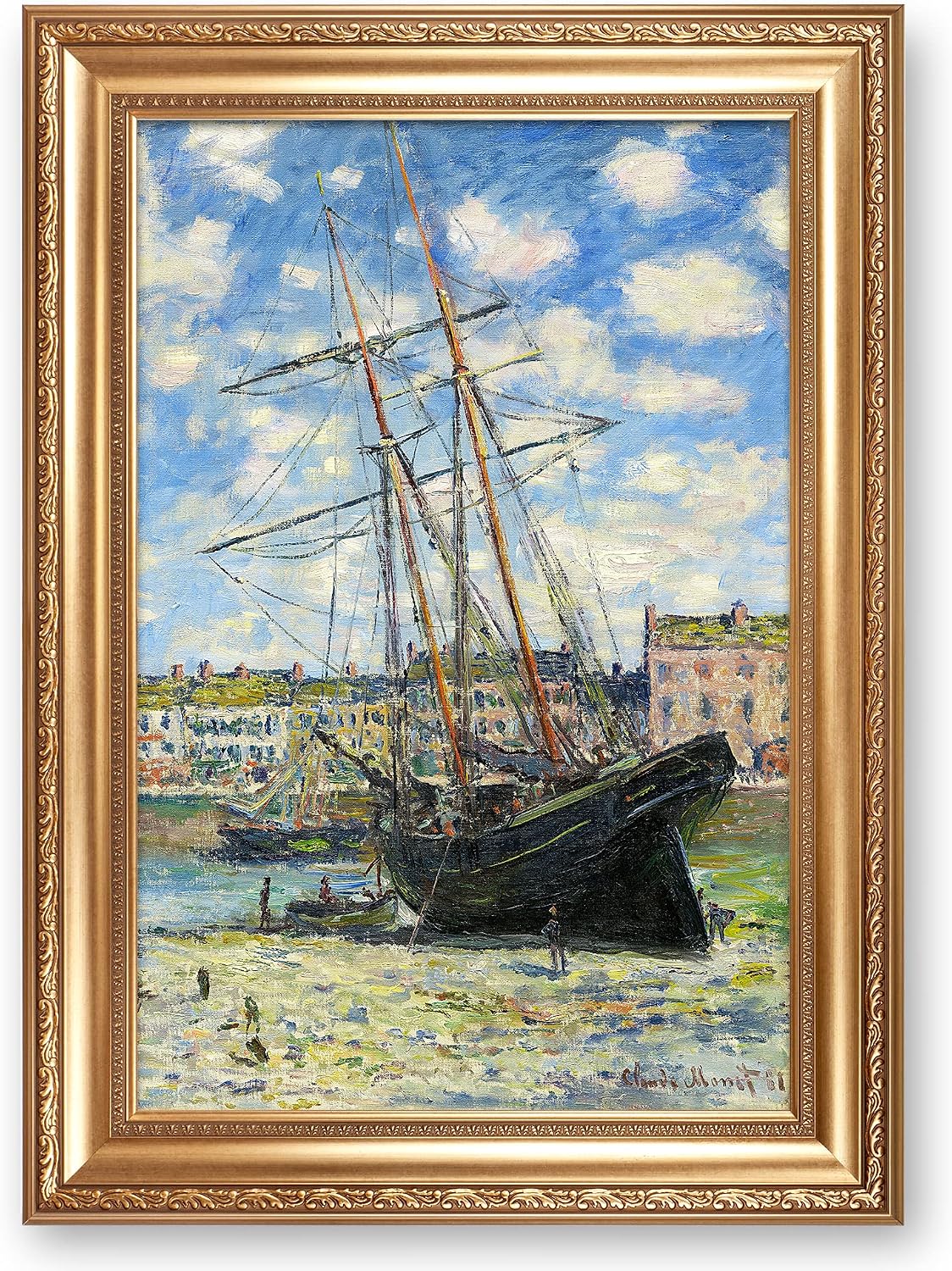 Boat Lying at Low Tide by Claude Monet Painting Reproductions Framed Size:36x26 inches,Image Size:30x20 inches World Classic Reproductions For HomeDecor,Gold Frame