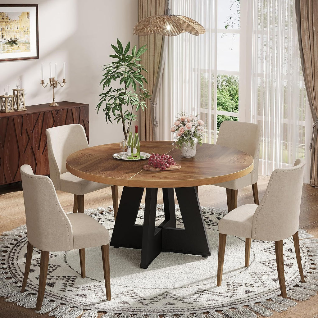 Tribesigns Farmhouse Dining Table, 47 Inch Round Dinner Table for 4, Rustic Round Dining Room Table for Home Dining Room Living Room (Walnut Brown+Black)
