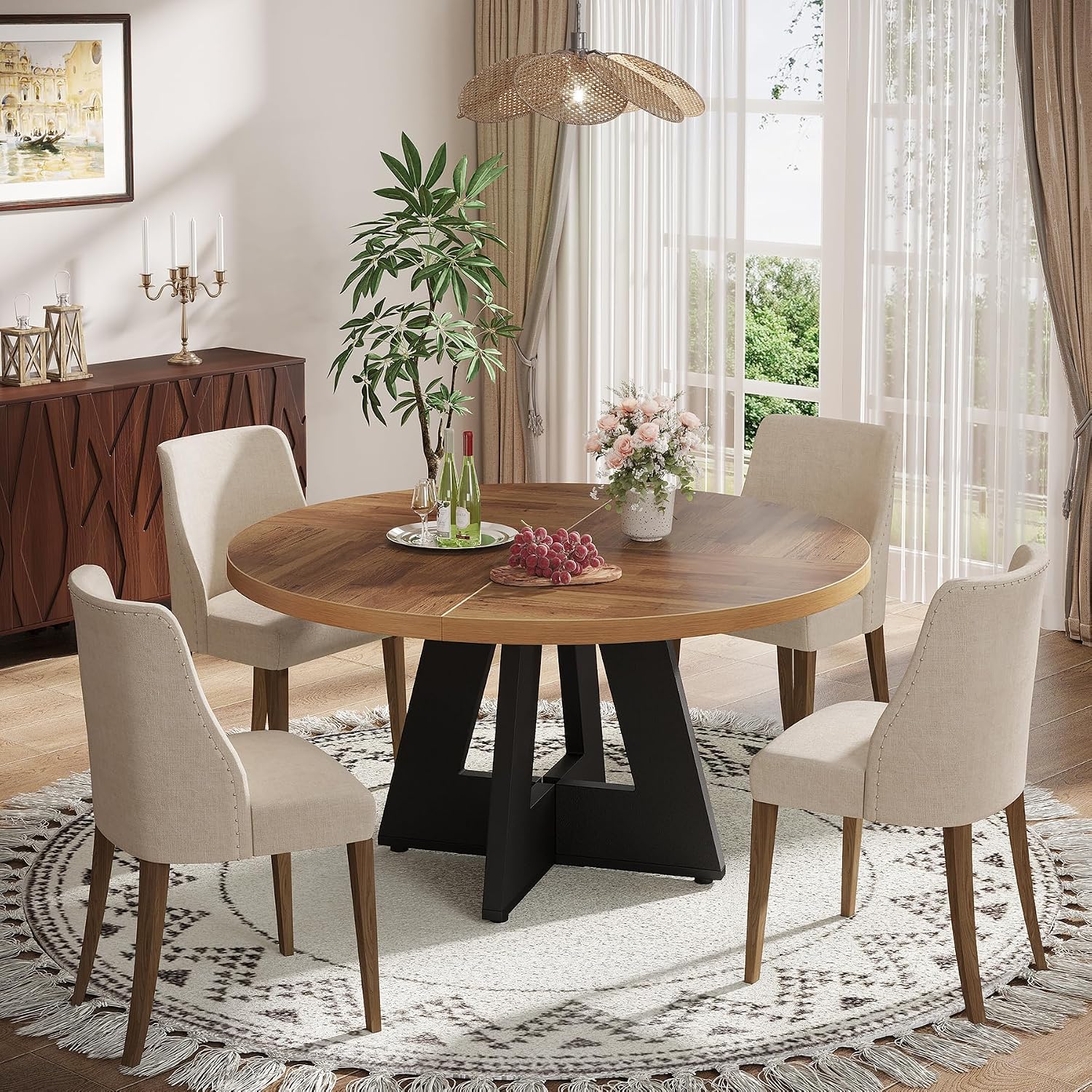 Tribesigns Farmhouse Dining Table, 47 Inch Round Dinner Table for 4, Rustic Round Dining Room Table for Home Dining Room Living Room (Walnut Brown+Black)