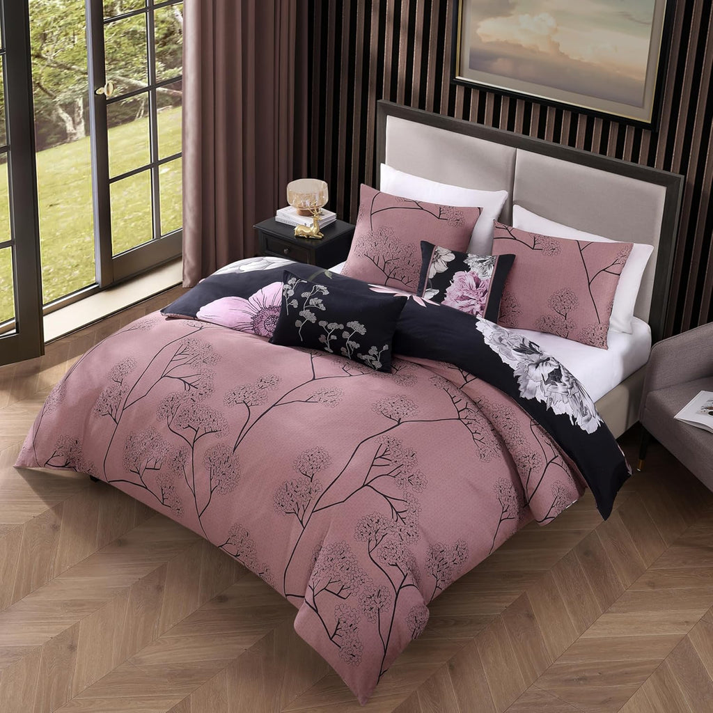 Bebejan Midnight Meadow 5 Piece Comforter Set, 100% Cotton Sateen, 220 Thread Count, Black Reversible Bedding Comforter Set, 1 Comforter, 2 Shams & 2 Pillows (Full/Queen)