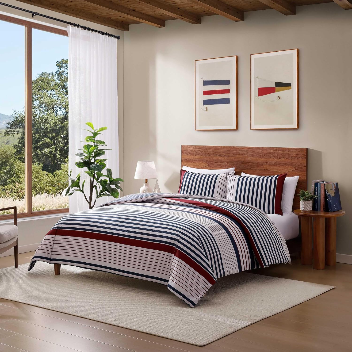 Tommy Hilfiger - Queen Duvet Cover Set, 100% Cotton Percale Bedding with Matching Shams, Button Closure & Corner Ties, Reversible Brooklyn Stripe Design, Americana Decor (Blue)