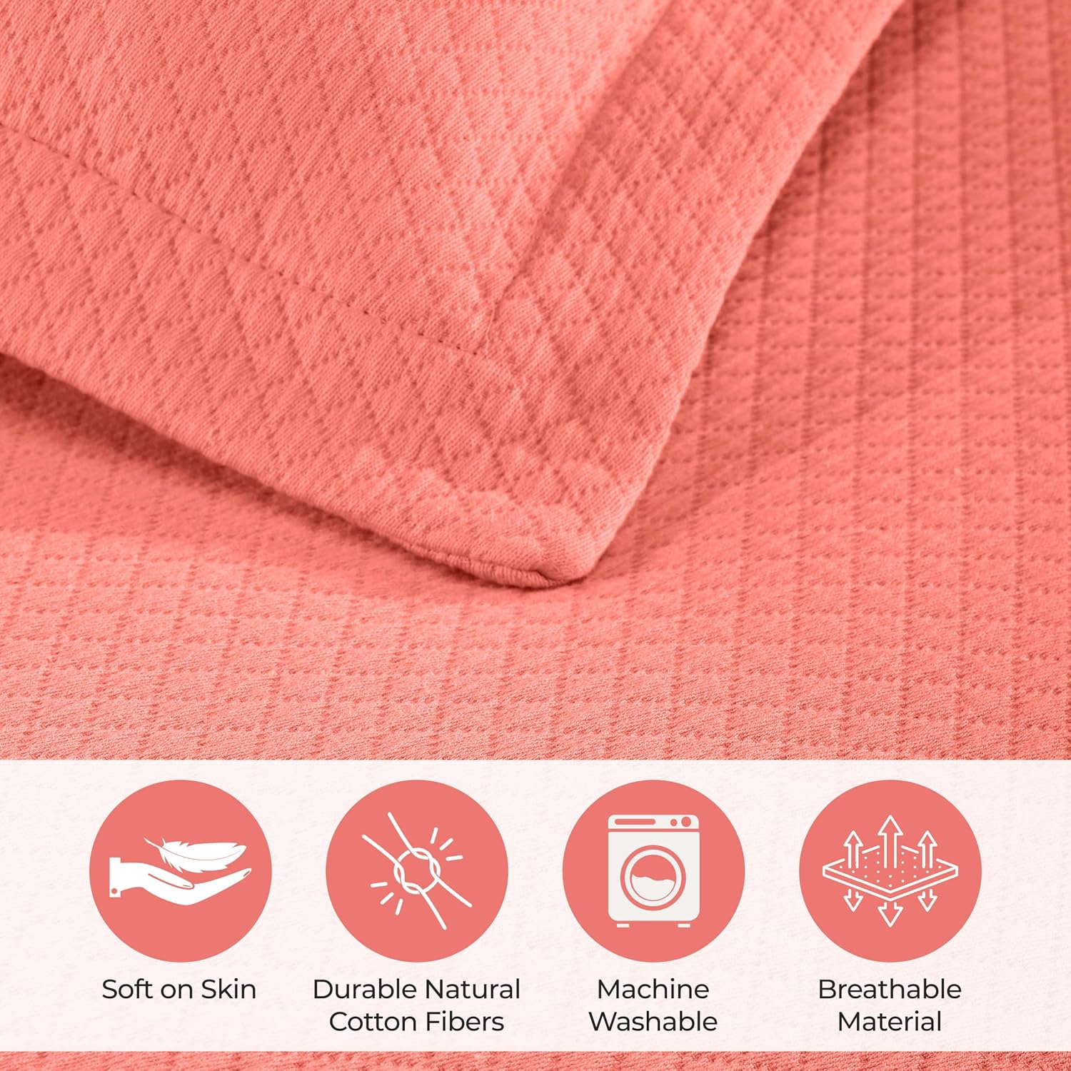 Superior Solitaire Cotton 3 Piece Bedspread Set, Home Bed Decor, Decorative Textured Bed Spread, 2 Pillow Shams, Airy Blanket, Matelasse Coverlet Bedding, All-Season Accent Blanket, Queen, Coral