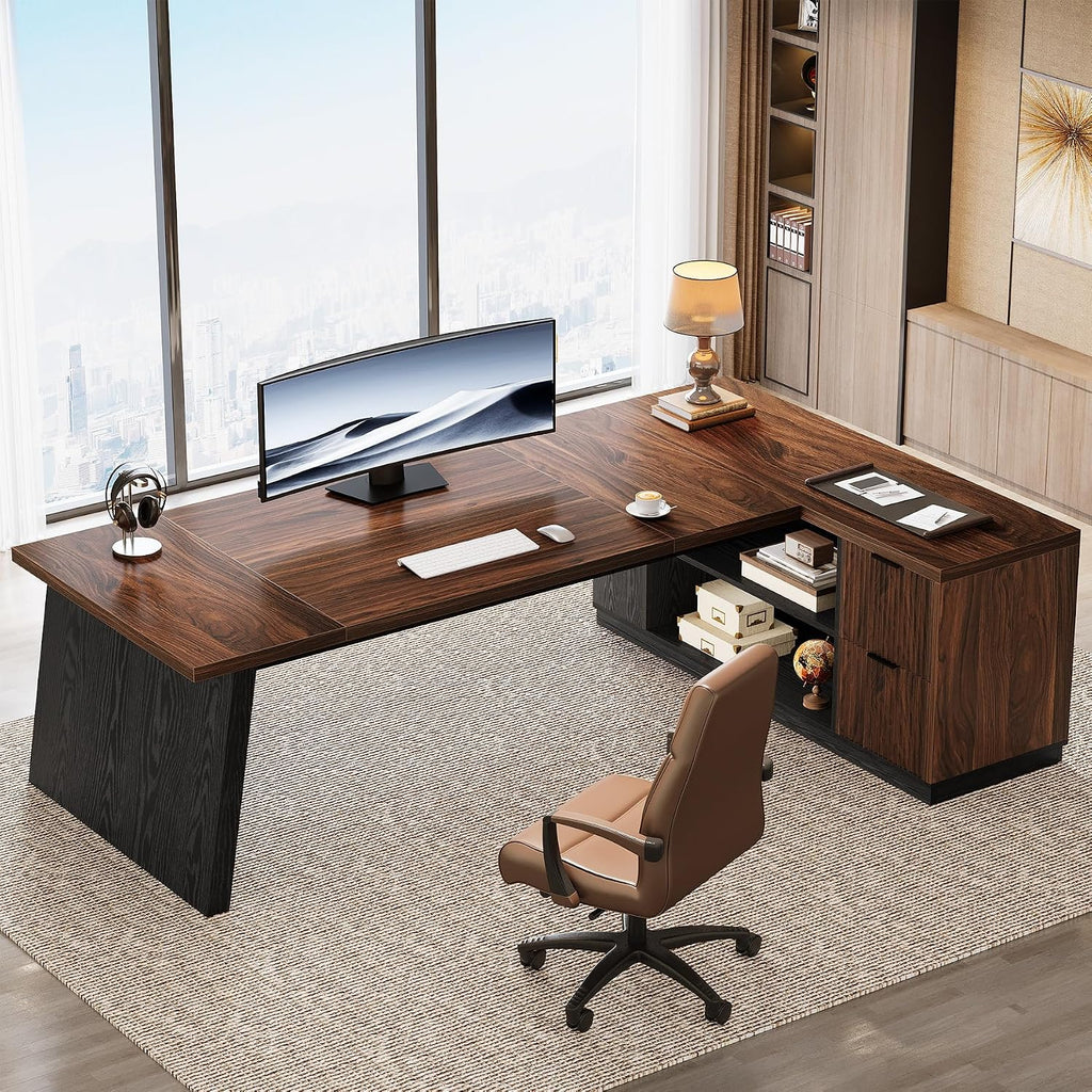 Tribesigns 78-Inch L-Shaped Executive Desk, Large Computer Desk with 2 Drawers and Storage Shelves, Business Furniture Workstation for Home & Office (Brown and Black)