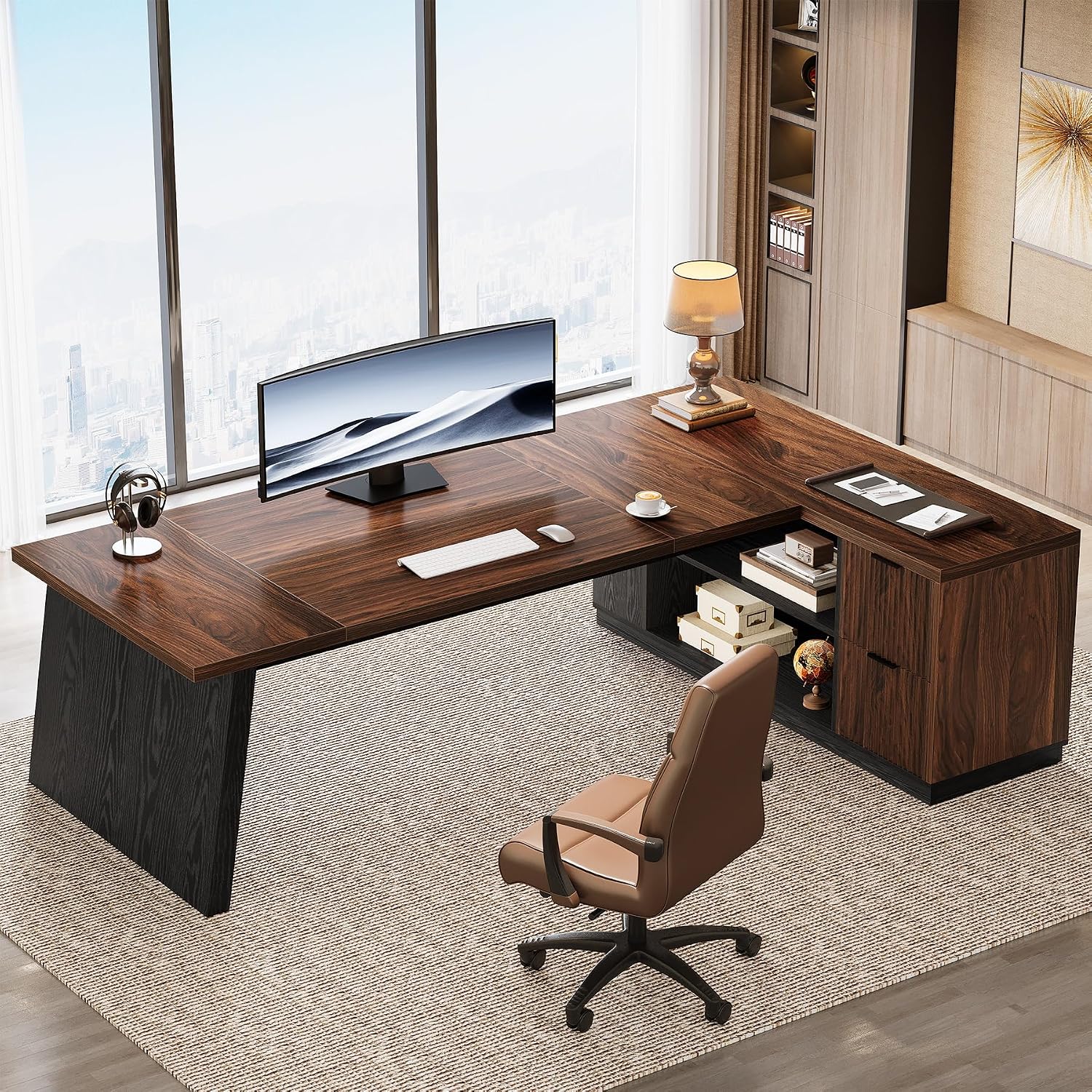 Tribesigns 78-Inch L-Shaped Executive Desk, Large Computer Desk with 2 Drawers and Storage Shelves, Business Furniture Workstation for Home & Office (Brown and Black)