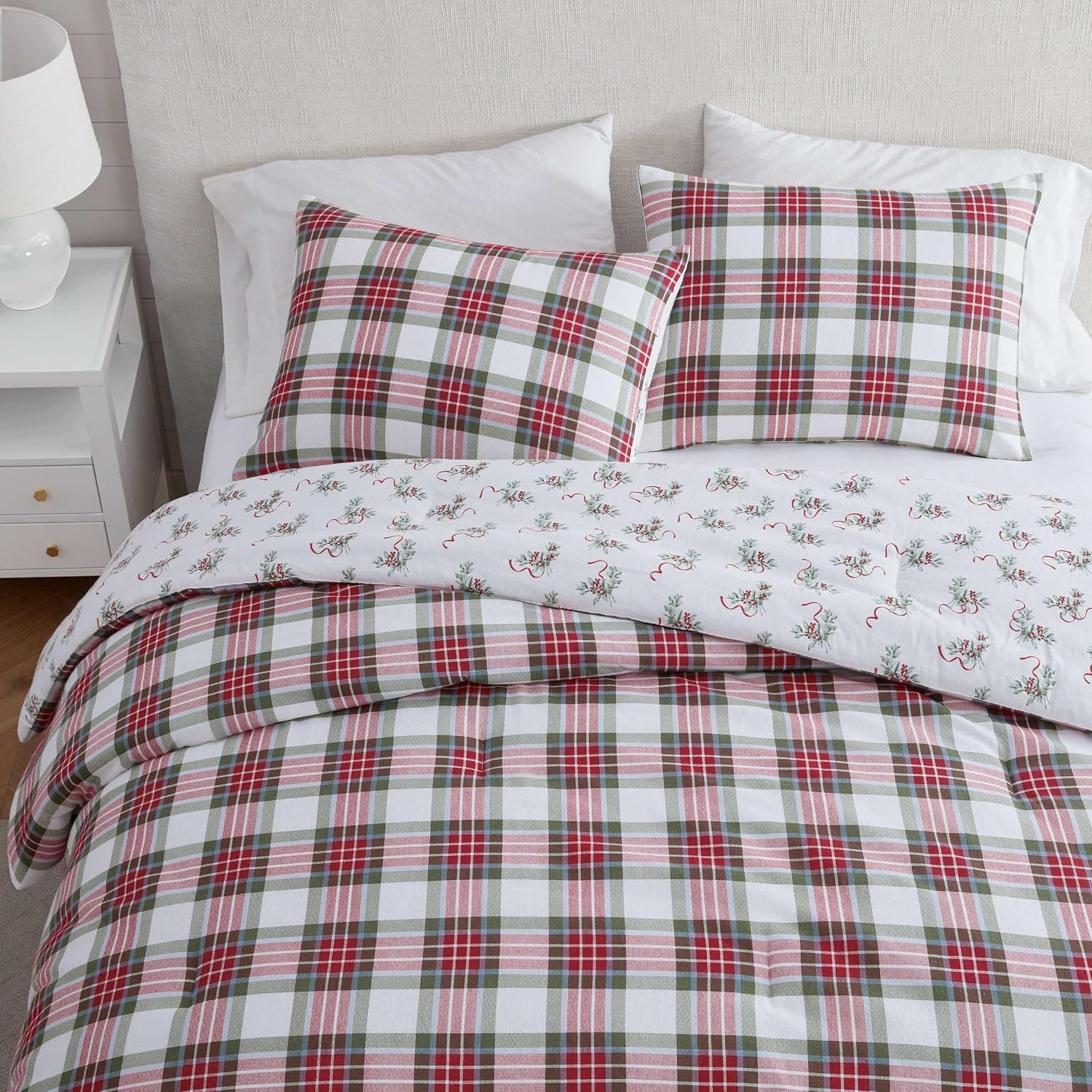 Martha Stewart - Queen Bedding Comforter Sets, Wonderfully Plush & Naturally Soft Cotton Flannel Bedding w/Matching Pillowcases, 3 Piece Bed Sets (Yuletide Spruce Plaid/Holiday Ribbons Red)