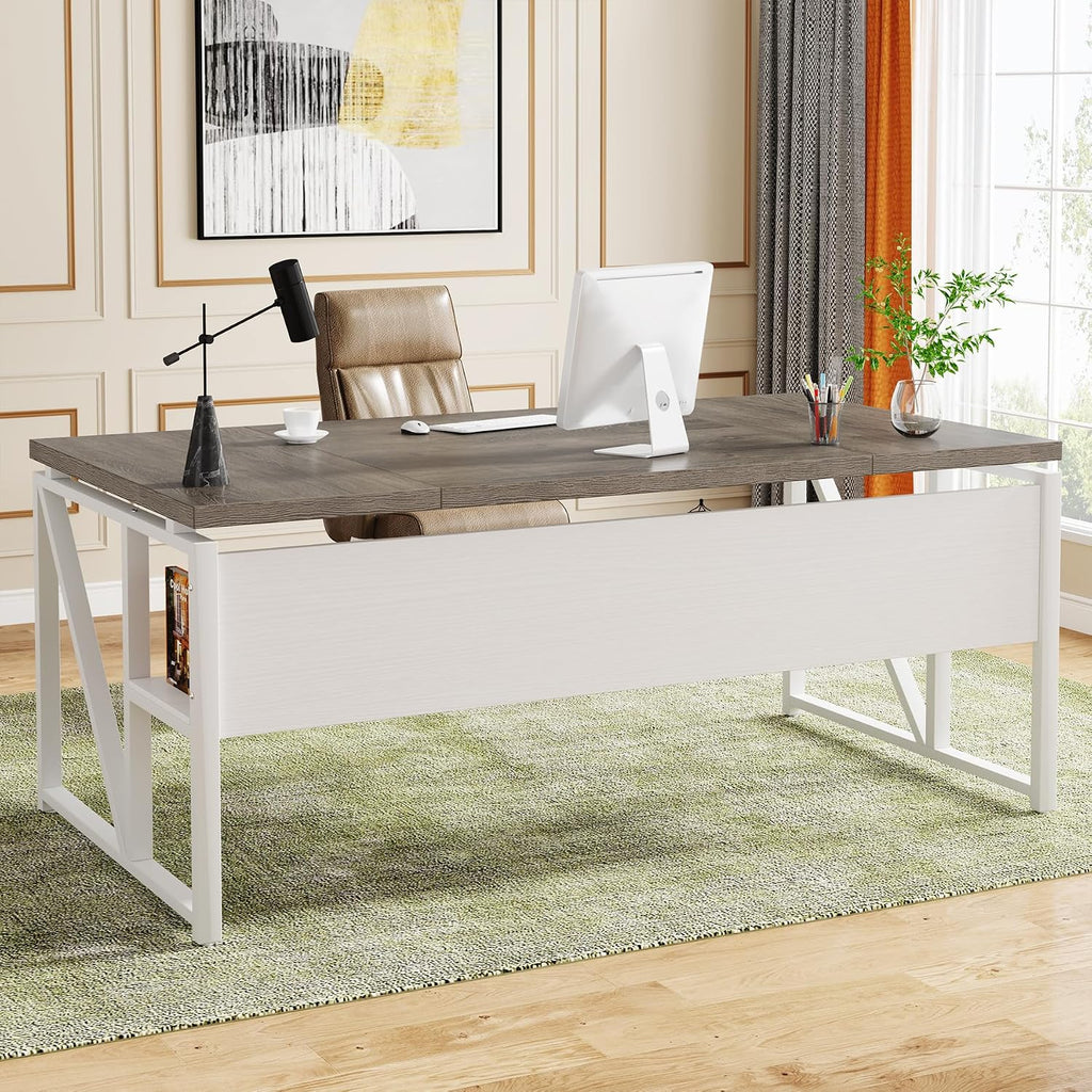 Tribesigns 63 inches Computer Desk with Bottom Storage Shelf Home Office Desk Writing Table for Workstation,Dark Walnut + Steel Leg， Cabinet not Included (Dark Oak, 63-inch-with Shelf)