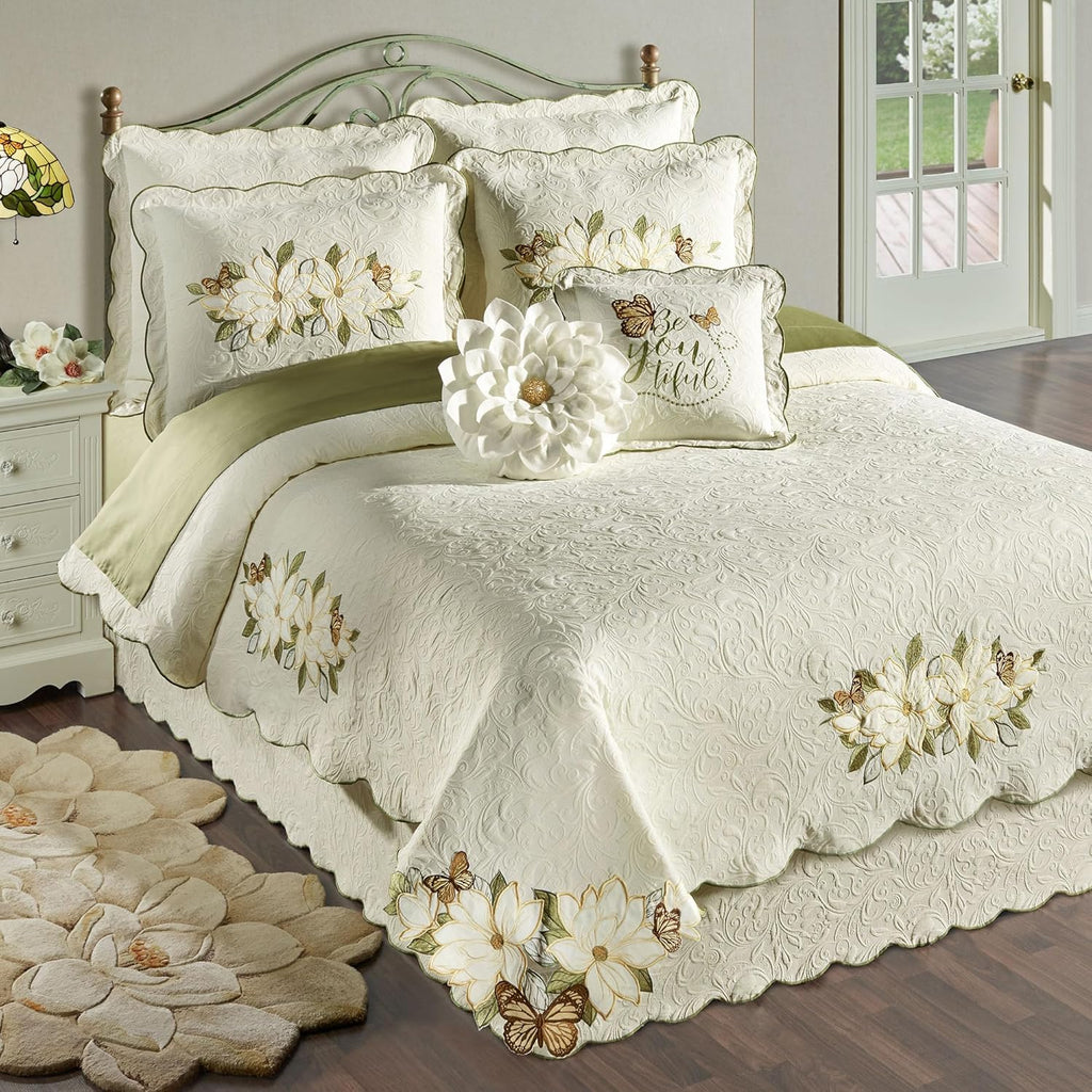 Sweetbay Matelasse Bedding | Magnolia, Butterfly, & Leaf Velvet Applique | 10-Pc Ivory Lightweight Bed Set: Queen Coverlet, Bedskirt, 2 Standard Shams, 2 Euro Shams, 2 Euro Inserts, & 2 Accent Pillows