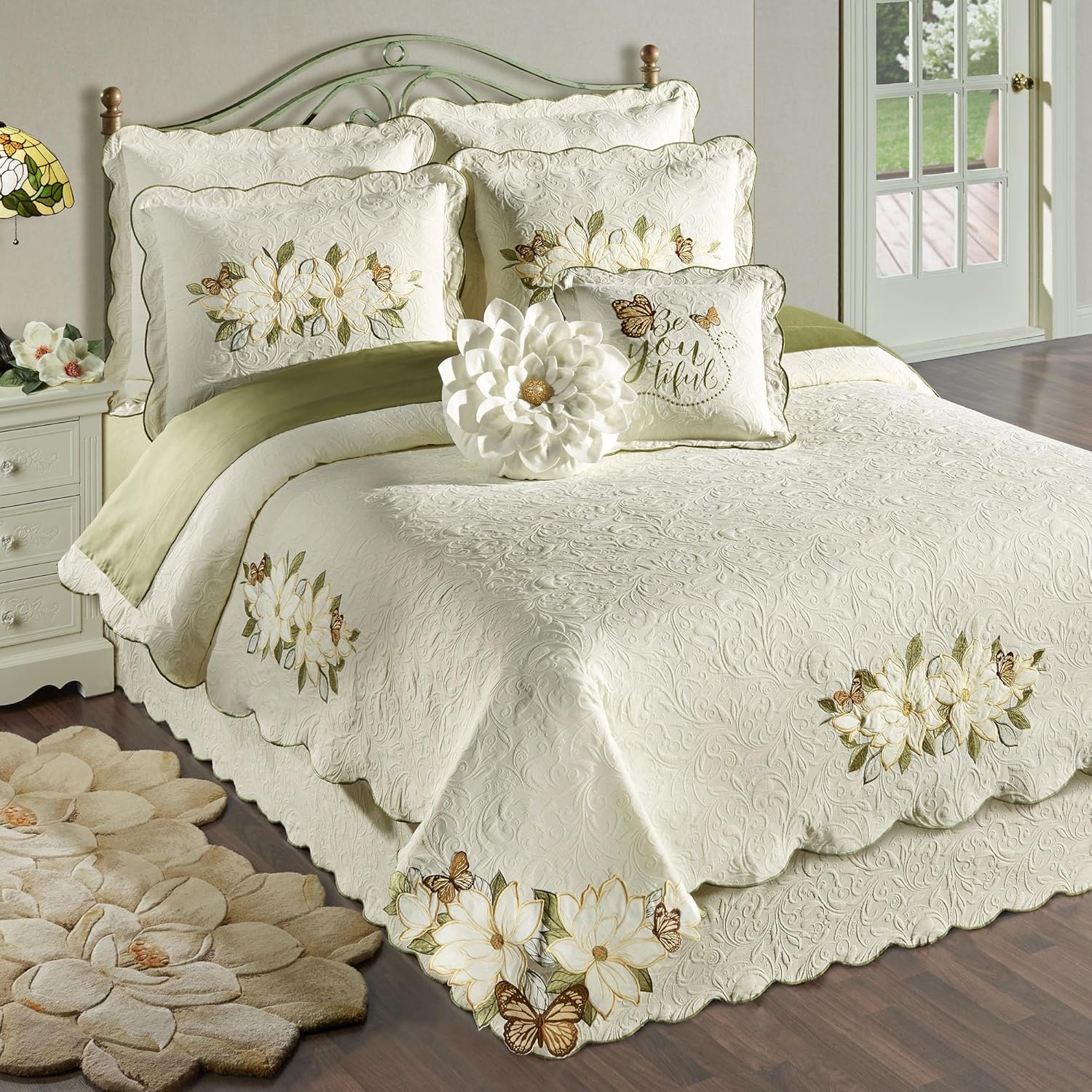 Sweetbay Matelasse Bedding | Magnolia, Butterfly, & Leaf Velvet Applique | 10-Pc Ivory Lightweight Bed Set: Queen Coverlet, Bedskirt, 2 Standard Shams, 2 Euro Shams, 2 Euro Inserts, & 2 Accent Pillows