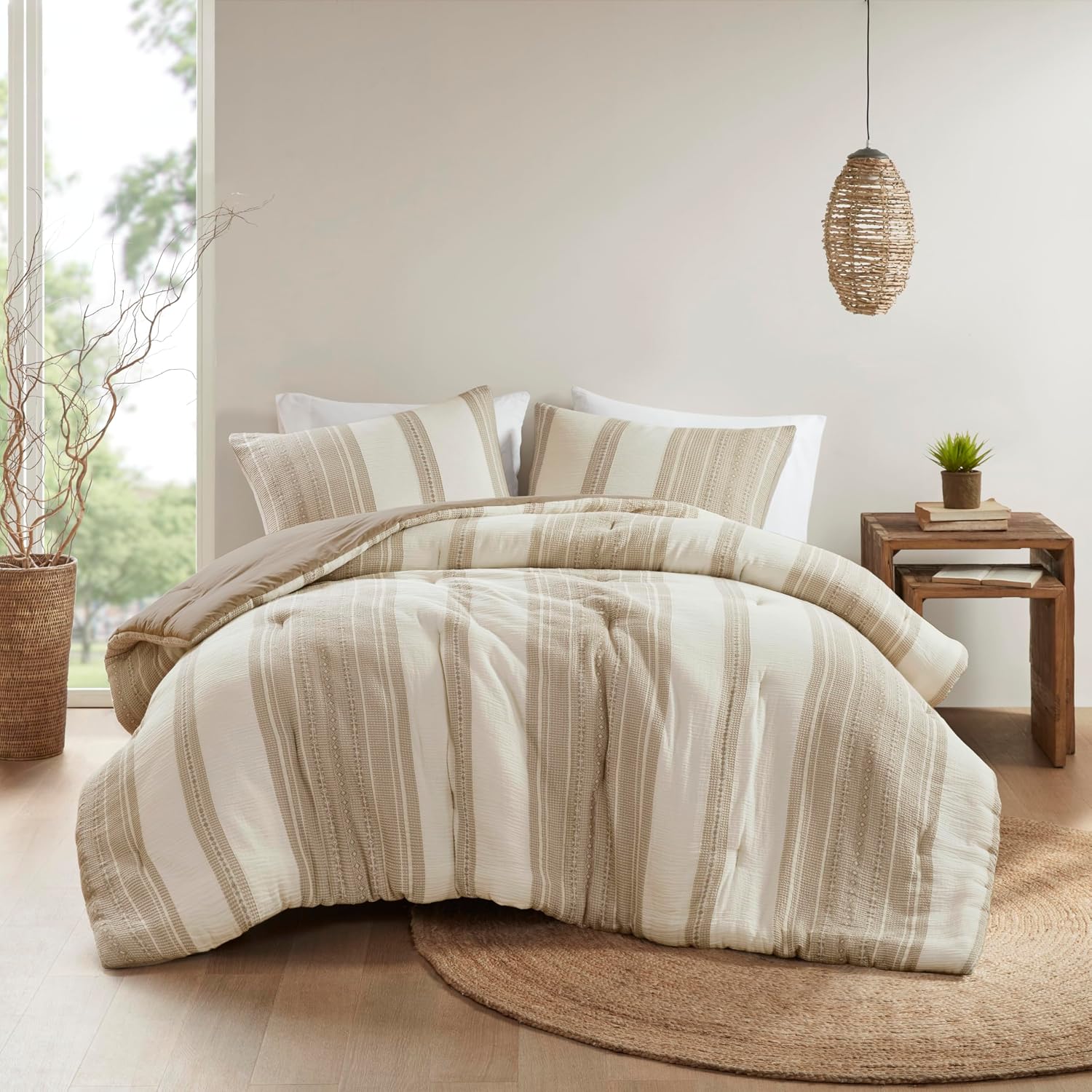 Woolrich King Comforter Set Cotton Striped, Oversized Comforter, All Season Down Alternative Overfilled King Size Comforter, Mesa, King/Cal K Tan 3 Piece