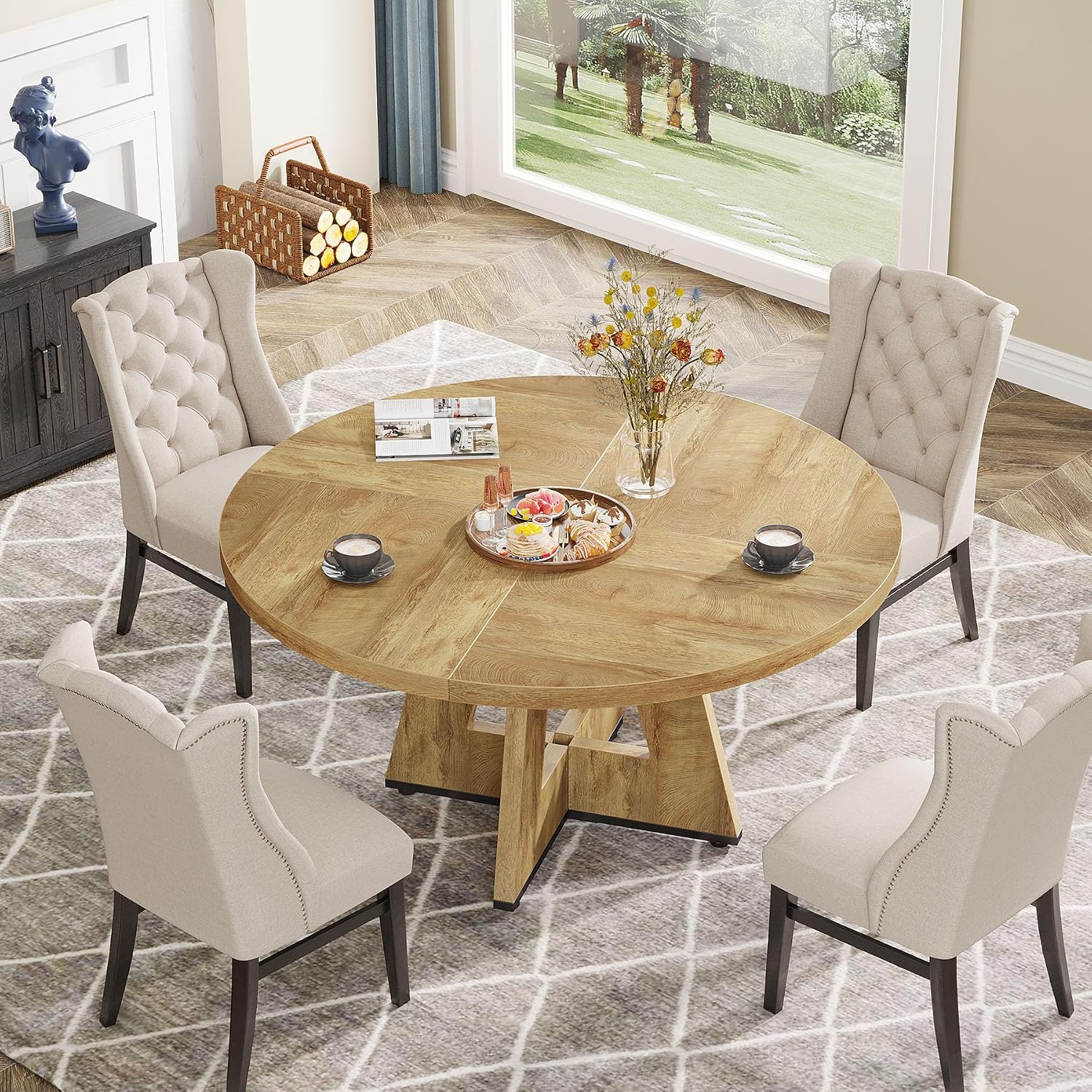 Tribesigns Farmhouse Dining Table, 47 Inch Round Dinner Table for 4, Rustic Round Dining Room Table for Home Dining Room Living Room (Natural)