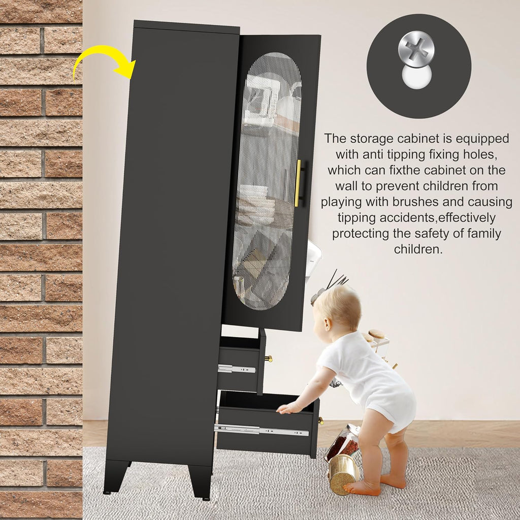 erosoei 61.02'H Metal Pantry Storage Cabinet with Drawer,Pantries Cabinets with Acrylic Glass Doors and Adjustable Shelves,Cupboard for Kitchen, Laundry Room,Living Room,Bathroom,Dinning Room