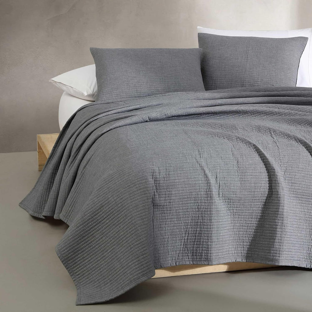 Calvin Klein - King Quilt Set, Luxuriously Soft Channel Stitch Bedding with Matching Shams (Mini Channel Stitch Solid Grey, King)