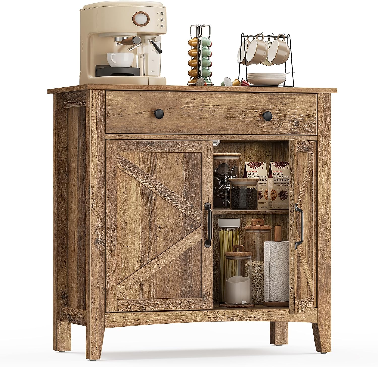VASAGLE LIRY Collection - Buffet Cabinet, Coffee Bar Cabinet with a Drawer, Adjustable Shelf, Sideboard Storage with Cable Hole, Drawer Divider, Honey Brown UBBK341K01