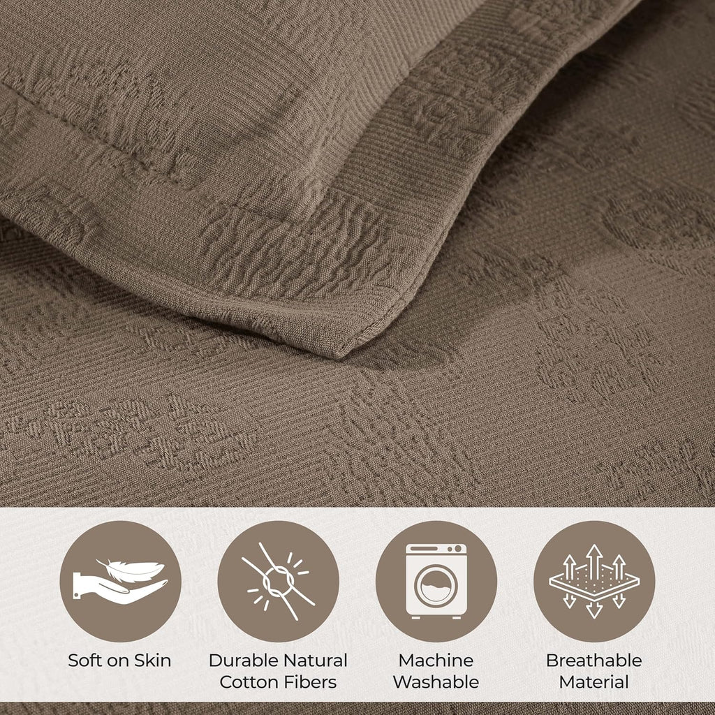 Superior Paisley Cotton 3 Piece Bedspread Set, Home Bed Decor, Decorative Textured Bed Spread, 2 Pillow Shams, Airy Blanket, Matelasse Coverlet Bedding, Vintage Floral Design, King, Taupe