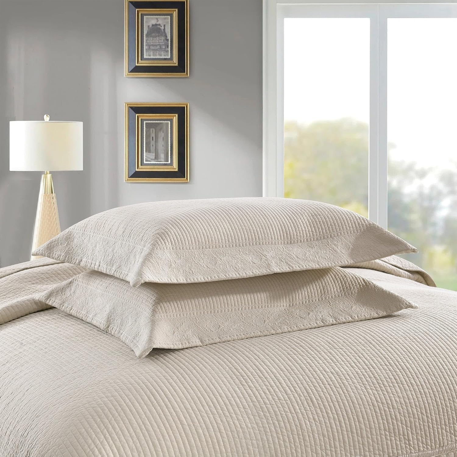 MarCielo 3-Piece 100% Cotton Oversized Bedspread Lightweight Quilt Coverlet Embroidery Farmhouse Bedding Set (TG Light Yellow Beige, Oversized King (118'x106'))