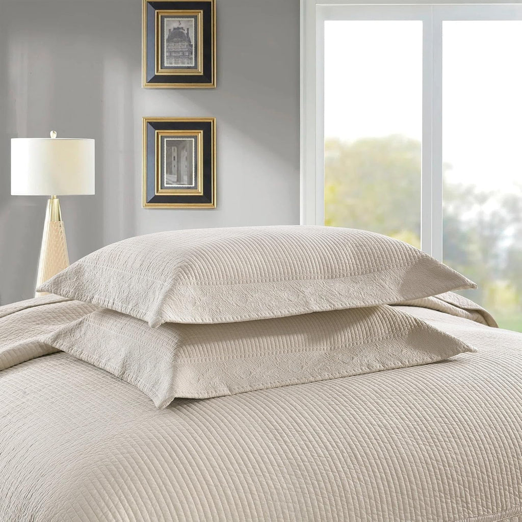 MarCielo 3-Piece 100% Cotton Oversized Bedspread Lightweight Quilt Coverlet Embroidery Farmhouse Bedding Set (TG Light Yellow Beige, Oversized Queen (100'x106'))