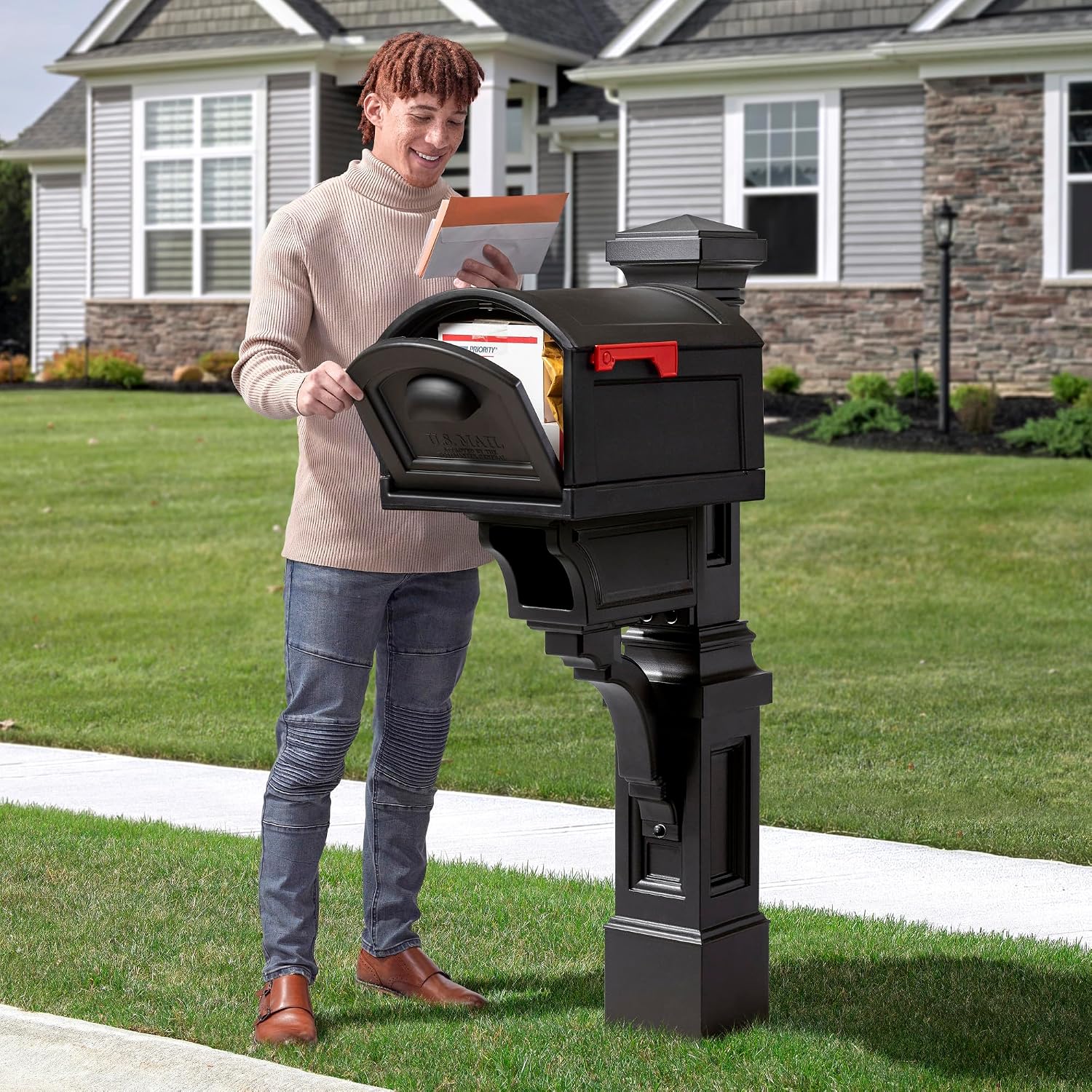 Step2 Atherton Extra Large Mailbox & Post, Weather Resistant, Large Outdoor Mailboxes, Made of Durable Plastic, Easy to Install, Flag Included, Onyx Black