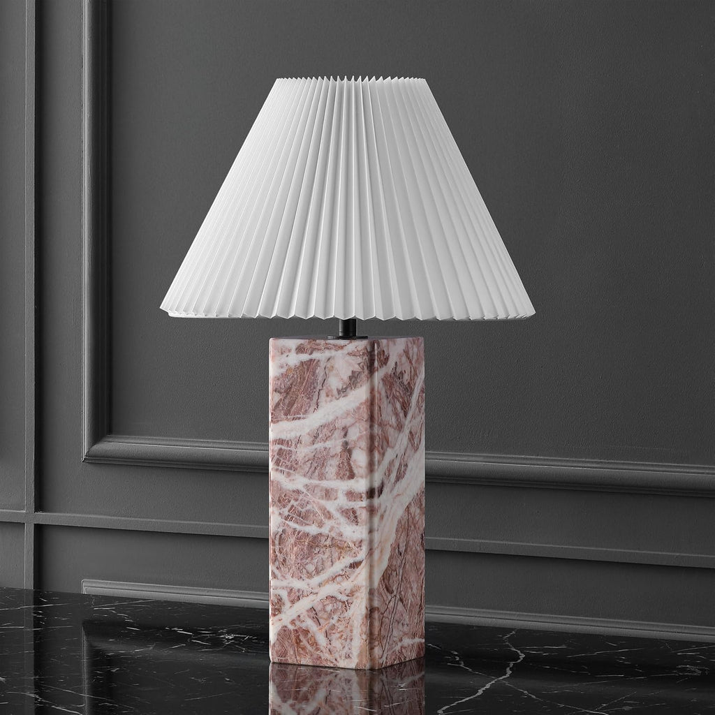 SAFAVIEH Couture Lighting Collection - Mackenzie Square Tan Marble Table Lamp, 25' Modern Bedside or Living Room Light with White Cotton Shade, Dimmable with LED Bulb (CTL1080E)