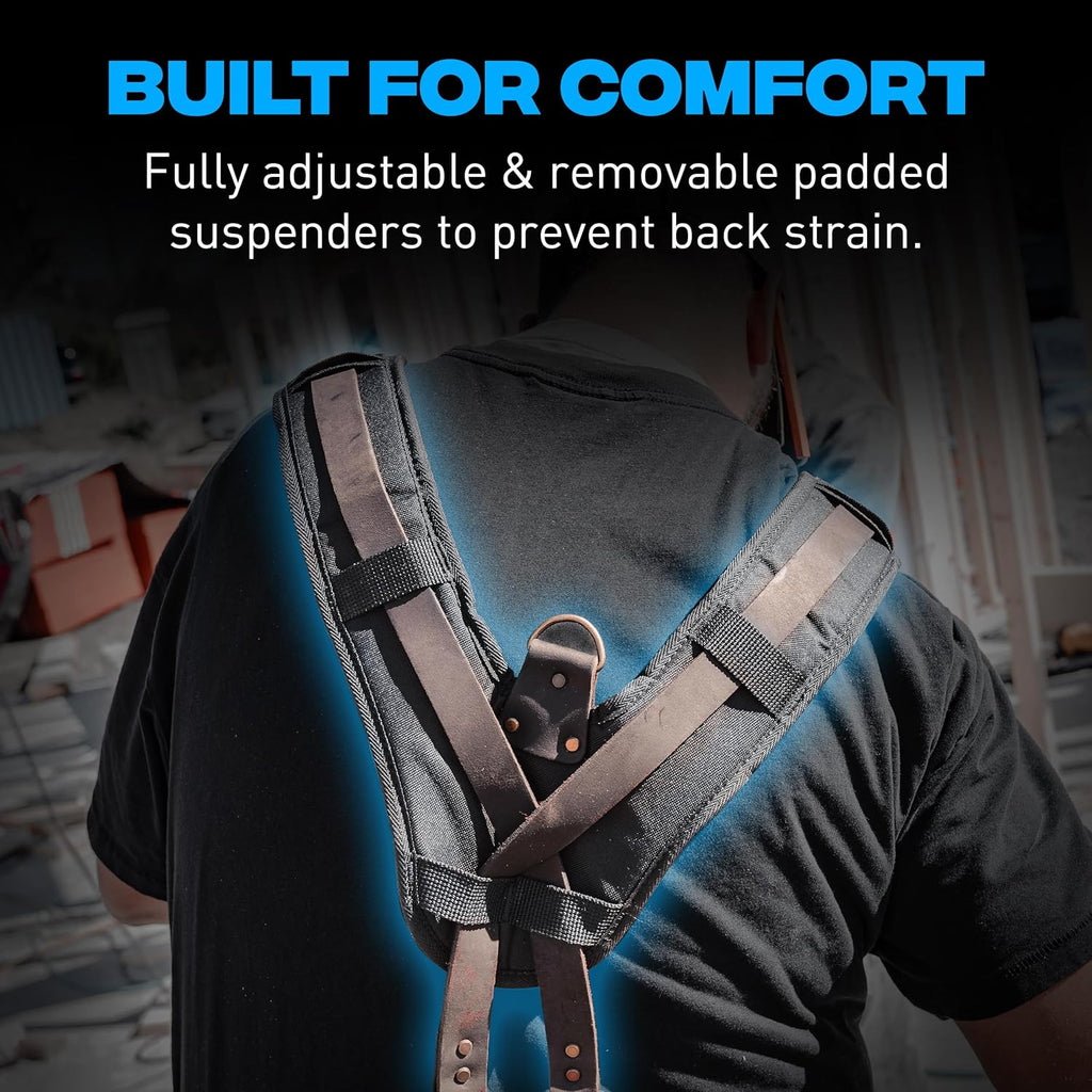 Ox Pro Drywall Tool Belt with Padded Suspenders - 22-Pocket Leather Tool Pouches - Belt (XL) Made of Oil-Tanned Leather with Double-Stitching and Steel Rivets - OX-P263807