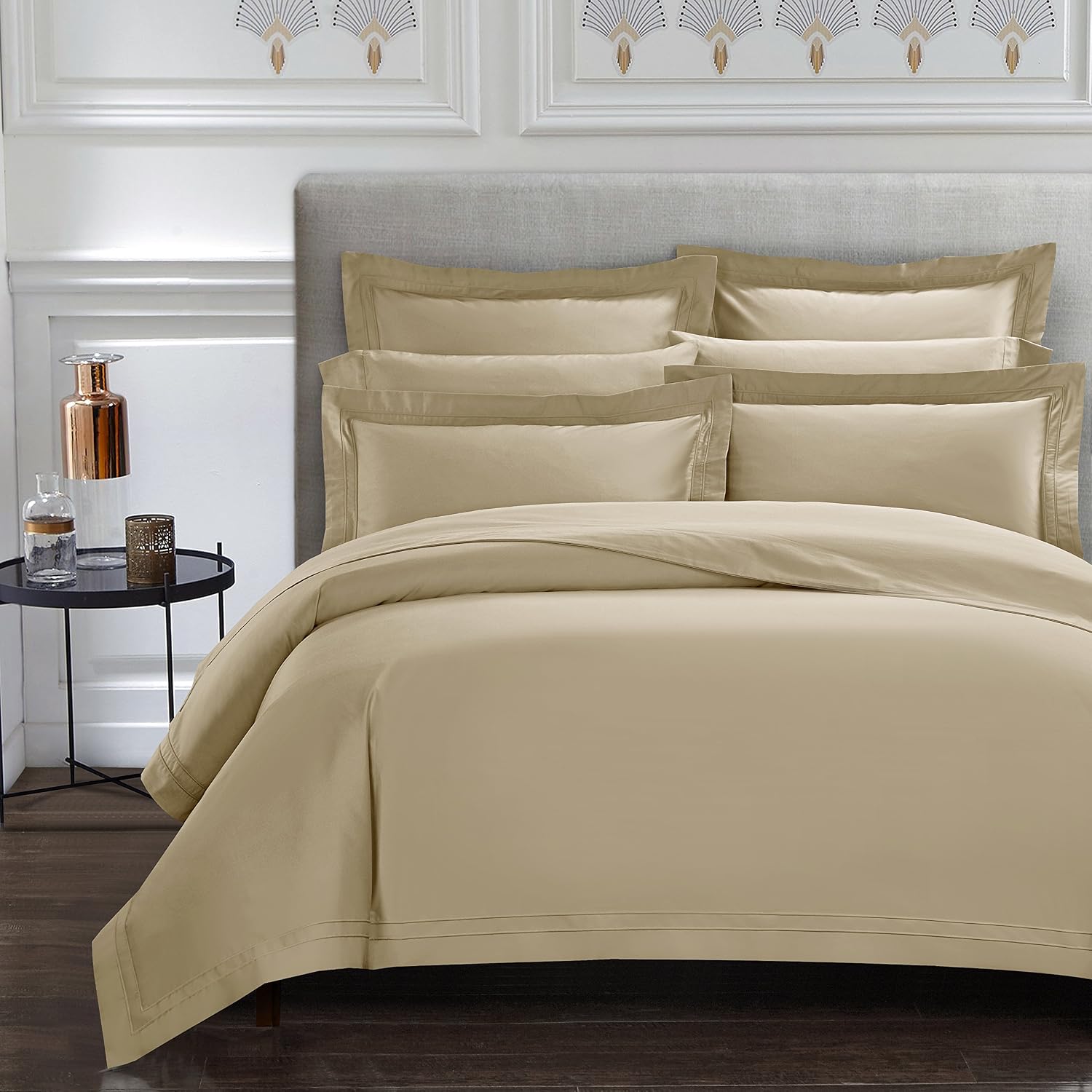 Triomphe Collection 3 Pieces Do Not Include Filling Beige Color Queen Size Duvet Cover Set 100% Egyptian Cotton Sateen 400 Thread Count Luxury Handcraft(Beige,Queen)