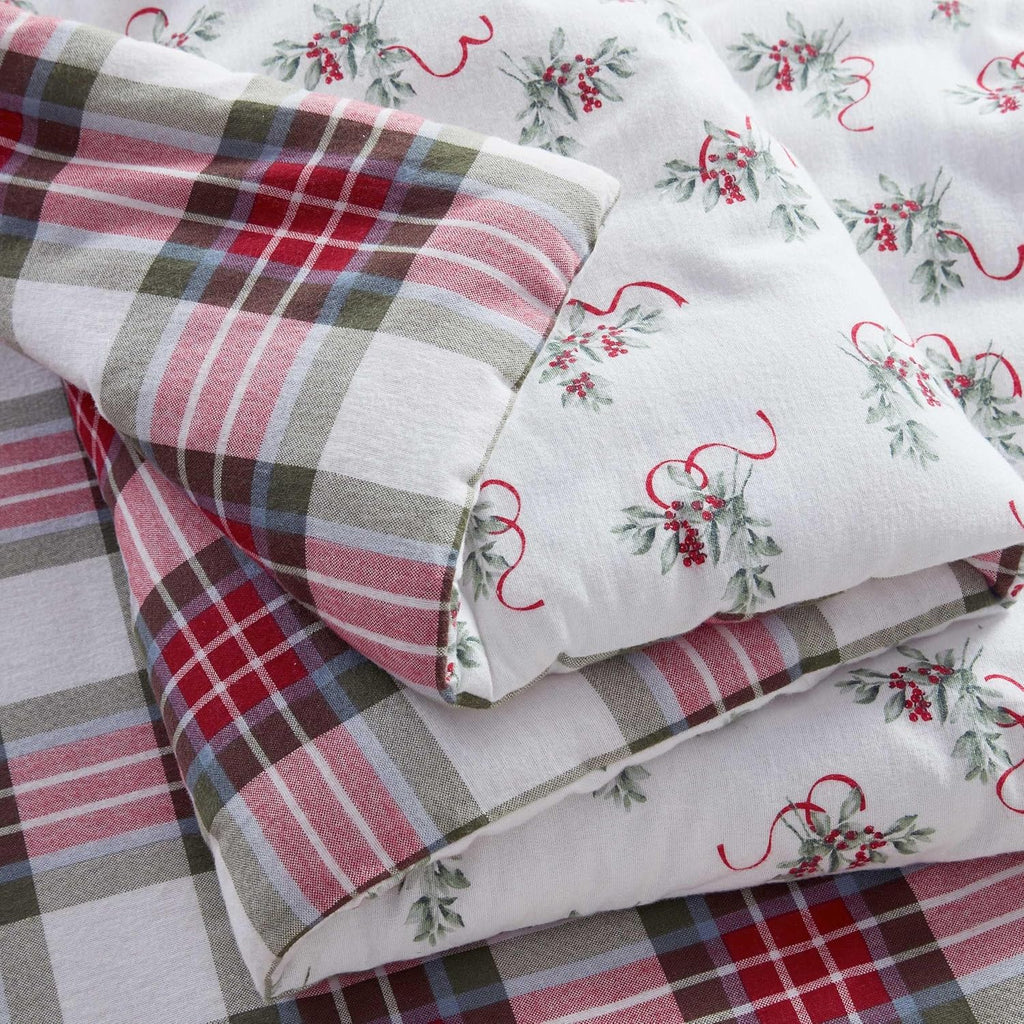 Martha Stewart - Queen Bedding Comforter Sets, Wonderfully Plush & Naturally Soft Cotton Flannel Bedding w/Matching Pillowcases, 3 Piece Bed Sets (Yuletide Spruce Plaid/Holiday Ribbons Red)