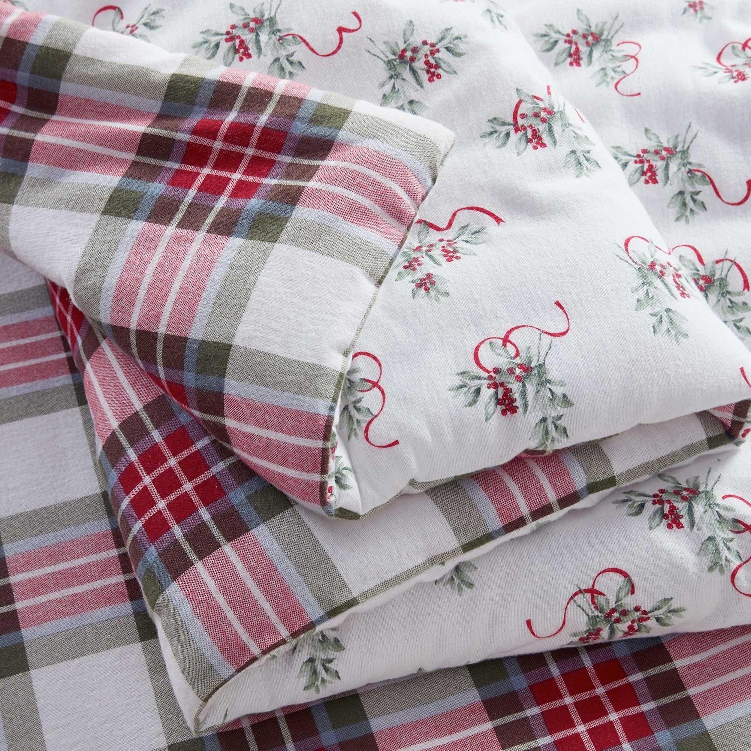 Martha Stewart - Queen Bedding Comforter Sets, Wonderfully Plush & Naturally Soft Cotton Flannel Bedding w/Matching Pillowcases, 3 Piece Bed Sets (Yuletide Spruce Plaid/Holiday Ribbons Red)