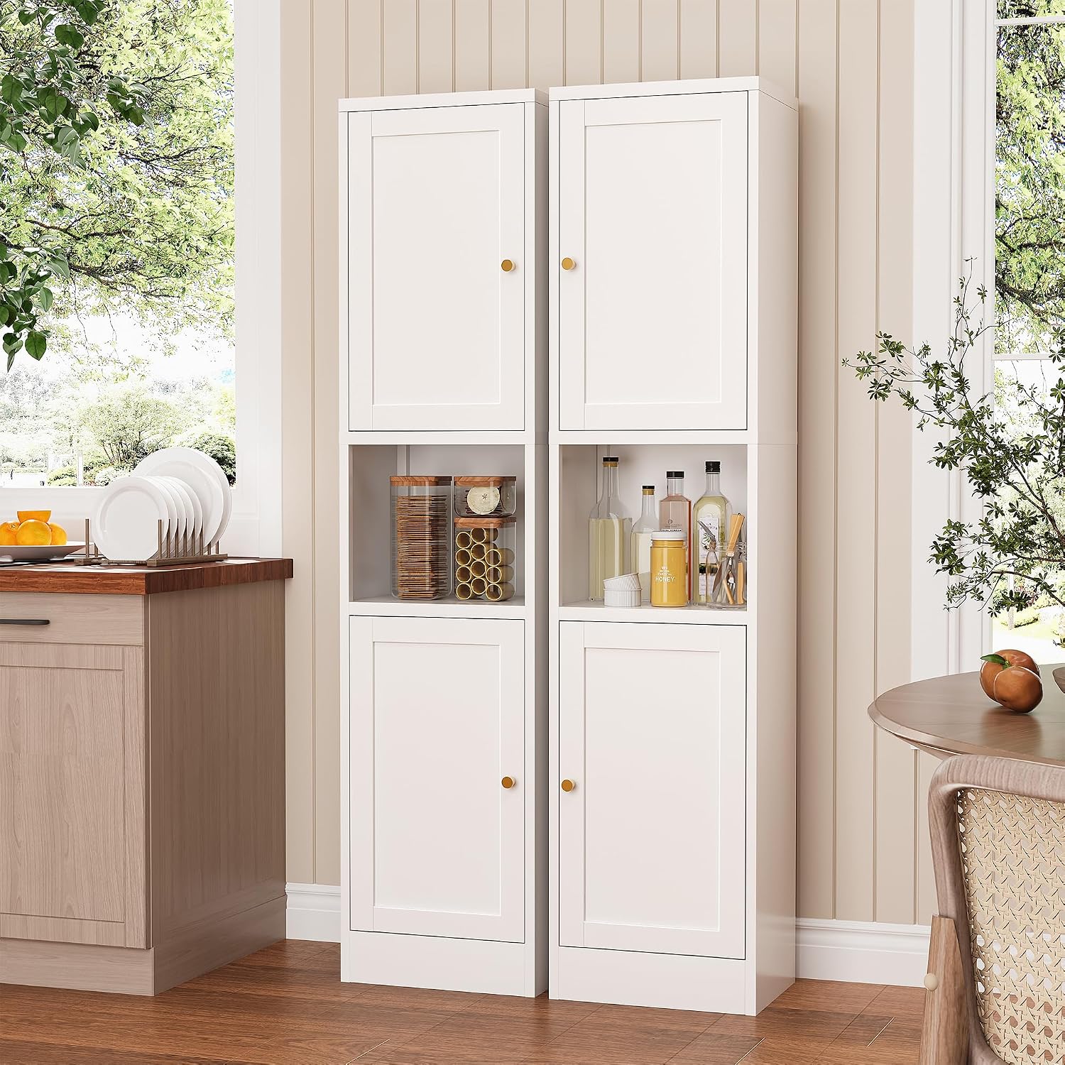 Tall Narrow Storage Cabinet,Metal Pantry Cabinet with Ajustable Shelves Open Countertop, Slim Sideboard for Small Spaces, Living Room, Kicthen, Dining Room, White