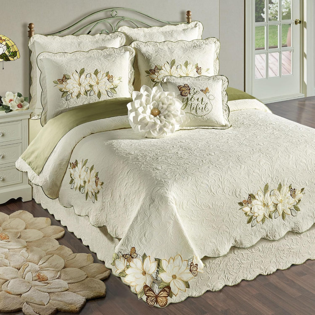 Sweetbay Garden Luxury Matelasse Bedding | Magnolia, Butterfly, & Leaf Velvet Appliques | 4-Pc Ivory Textured Scroll Lightweight Bed Set with King Coverlet, Bedskirt, 2 King Shams, & 2 Accent Pillows