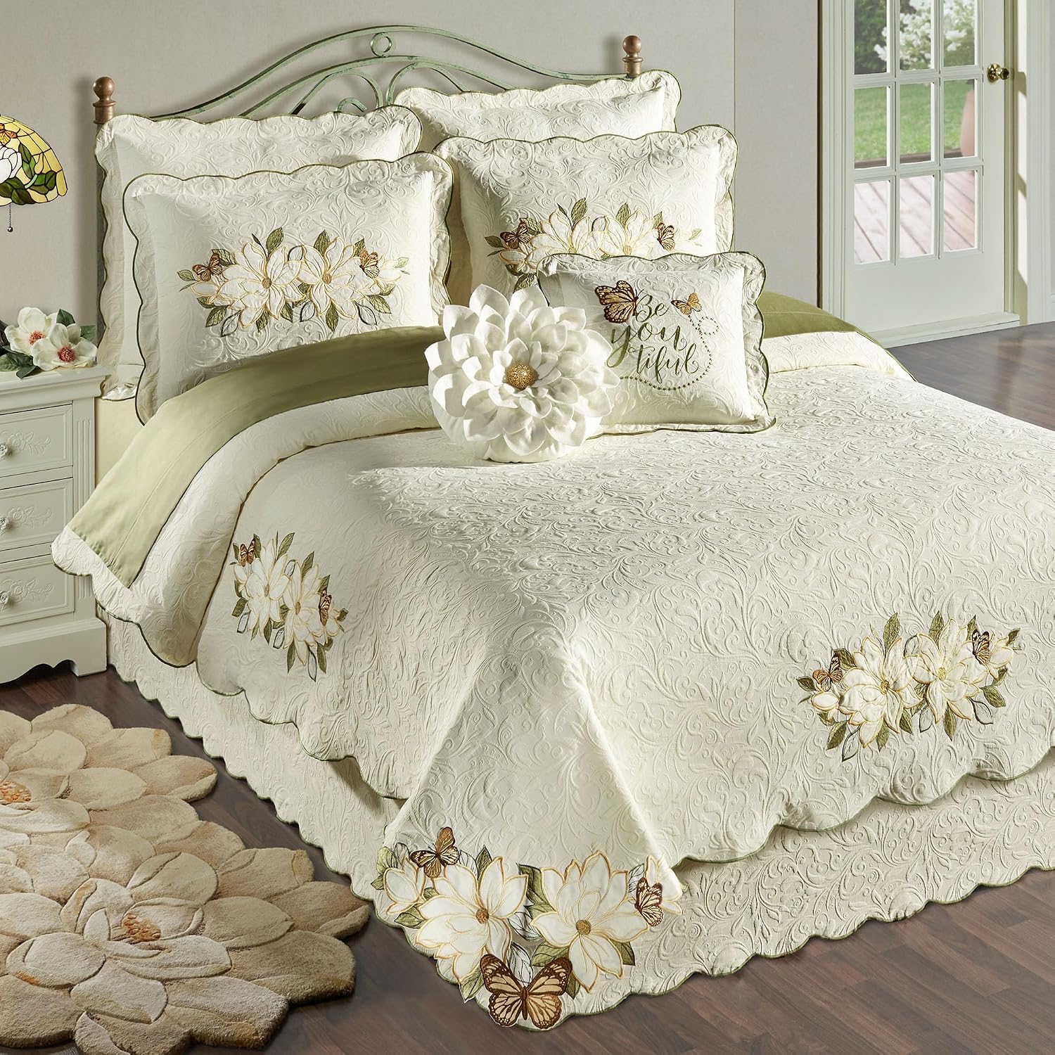 Sweetbay Garden Luxury Matelasse Bedding | Magnolia, Butterfly, & Leaf Velvet Appliques | 4-Pc Ivory Textured Scroll Lightweight Bed Set with King Coverlet, Bedskirt, 2 King Shams, & 2 Accent Pillows