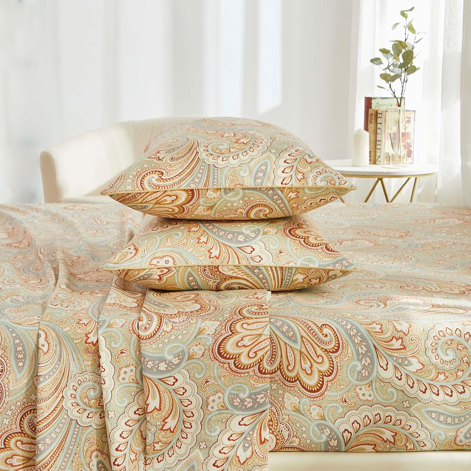 Brandream Paisley Bedding Gold Classy Regal Themed Boho Bed Sheet Set Luxury Bedding Collections 800 Thread Count 100% Egyptian Cotton Deep Pocket, 4 Piece-King Size