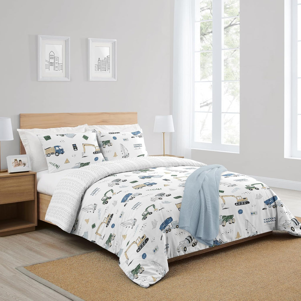 Sweet Jojo Designs Construction Truck Boy Full/Queen Bedding Set Kids Comforter Childrens Size - 3 Pieces - Grey Yellow Black Blue and Green Transportation Chevron Arrow