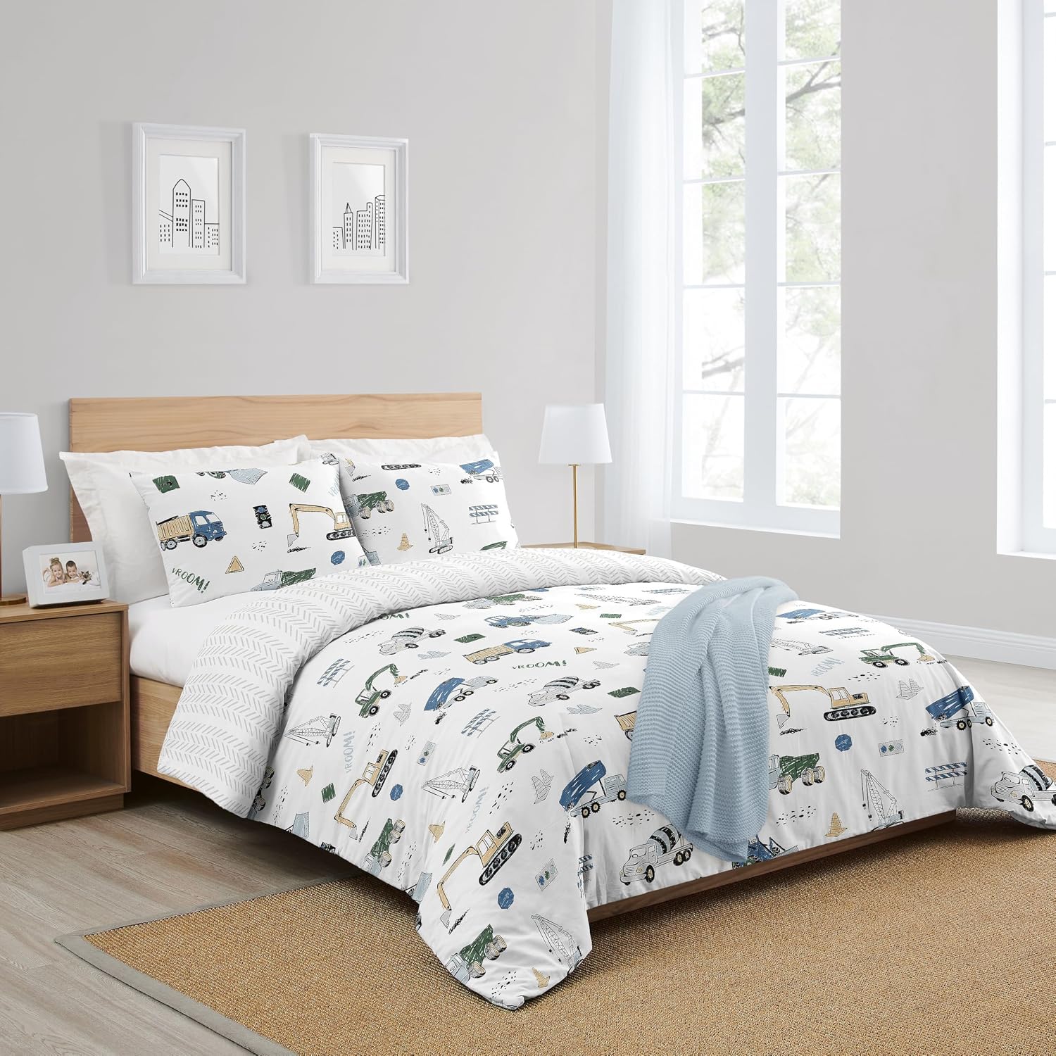 Sweet Jojo Designs Construction Truck Boy Full/Queen Bedding Set Kids Comforter Childrens Size - 3 Pieces - Grey Yellow Black Blue and Green Transportation Chevron Arrow