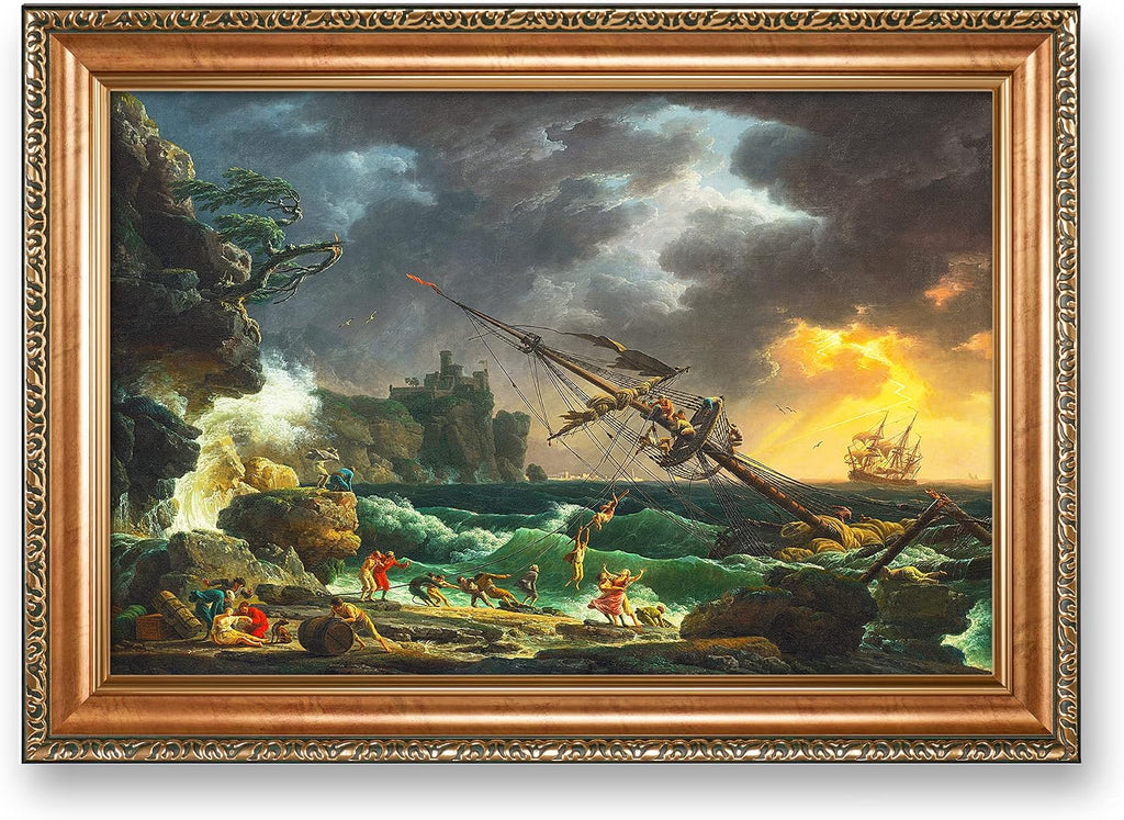 The Shipwreck Sailboat by Claude–Joseph Vernet Sailboat Warship Painting Reproductions Framed Size:28.5x20.5 inches,Image Size:24x16 inches World Classic Reproductions For HomeDecor,Gold Frame