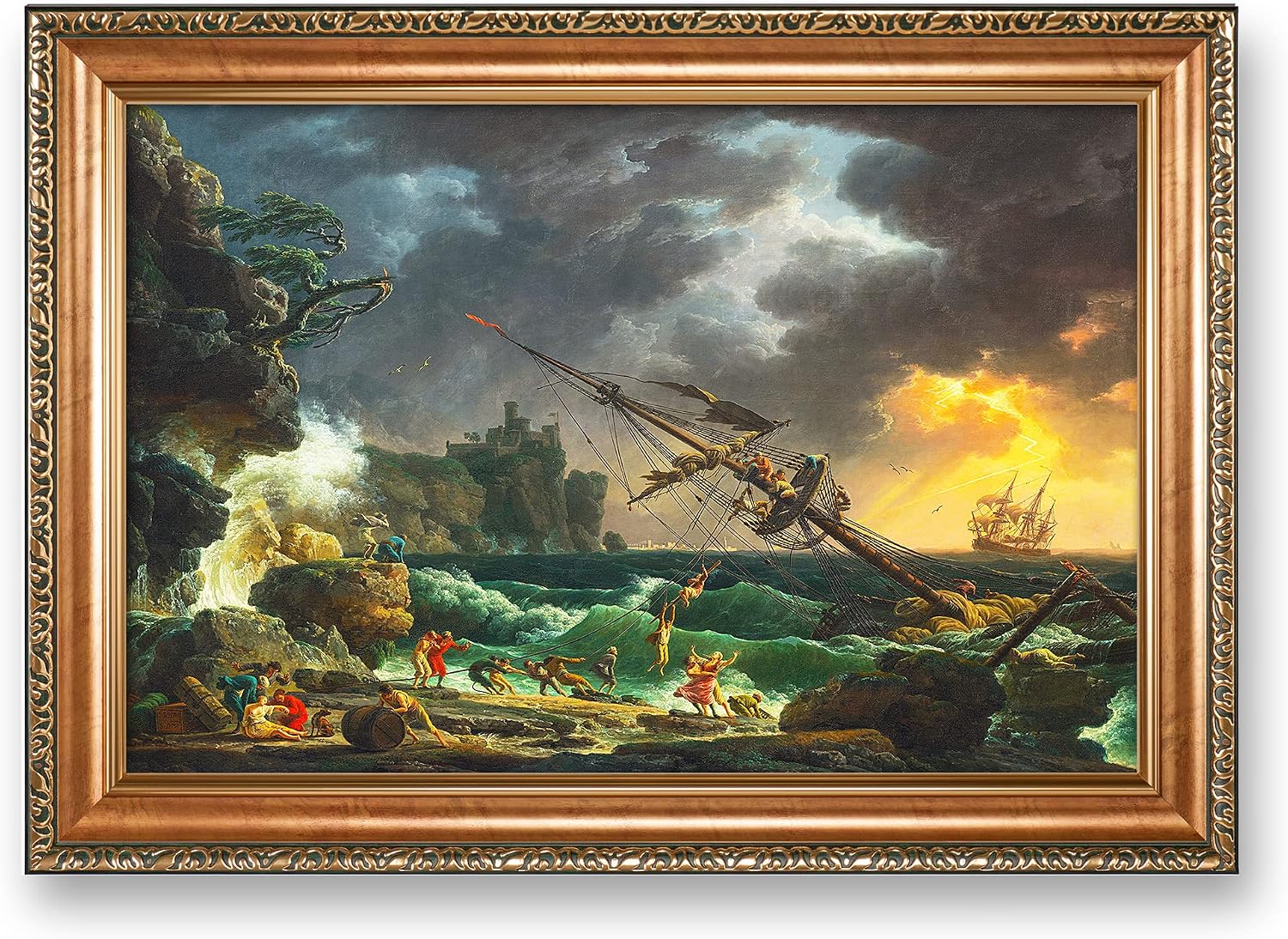 The Shipwreck Sailboat by Claude–Joseph Vernet Sailboat Warship Painting Reproductions Framed Size:28.5x20.5 inches,Image Size:24x16 inches World Classic Reproductions For HomeDecor,Gold Frame