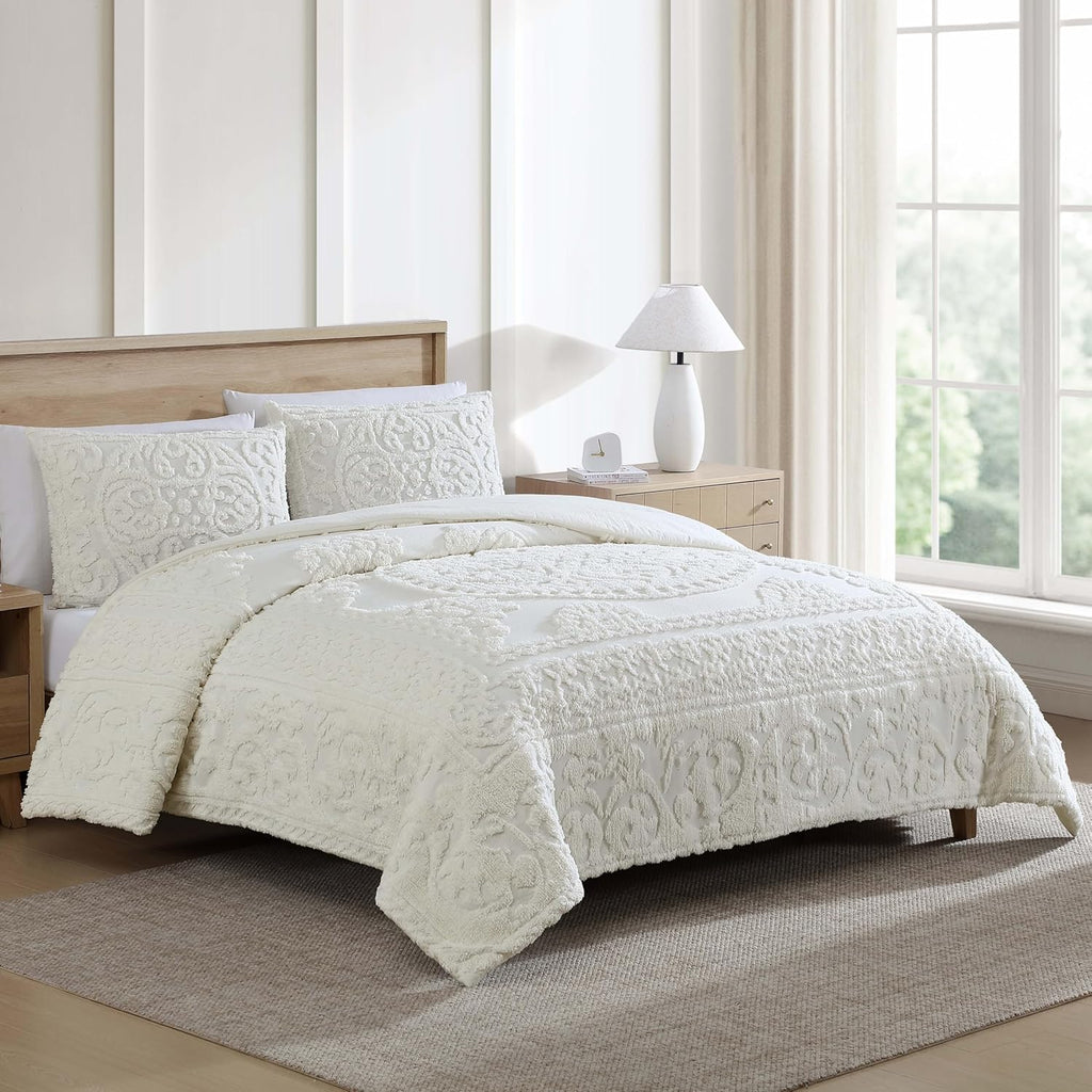 Beatrice Home Fashions Medallion Tufted Chenille Comforter 3-Piece Set, Cotton, All Season Cozy Bedding, King, Ivory