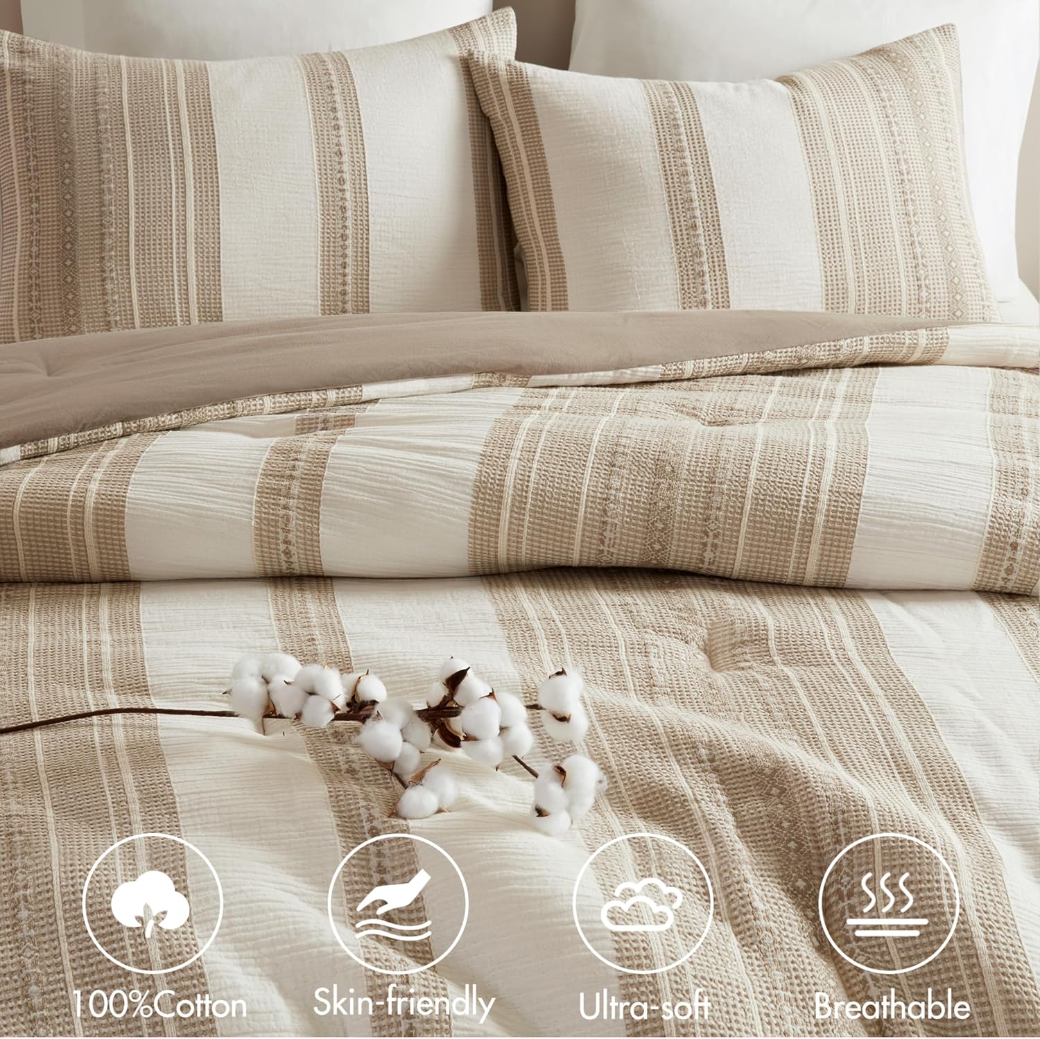 Woolrich King Comforter Set Cotton Striped, Oversized Comforter, All Season Down Alternative Overfilled King Size Comforter, Mesa, King/Cal K Tan 3 Piece