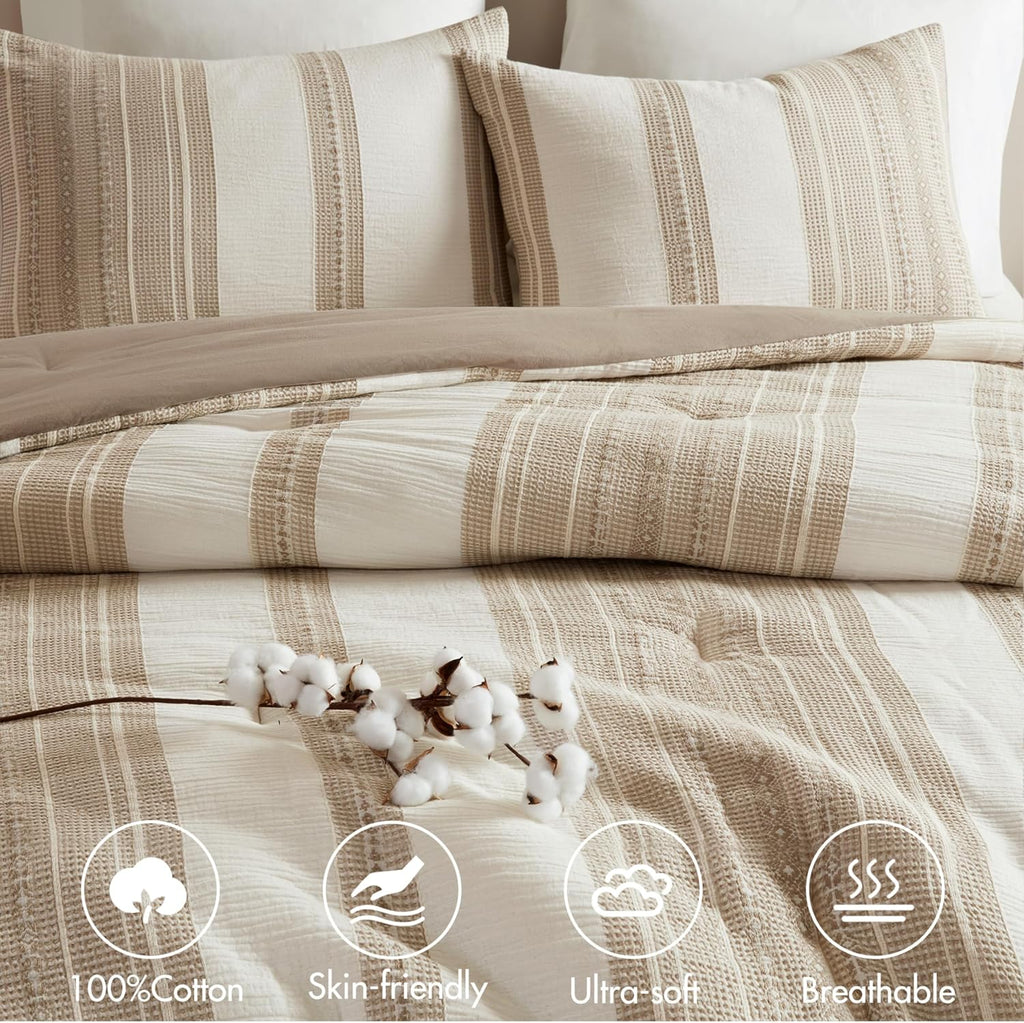 Woolrich Queen Comforter Set Cotton Striped, Oversized Comforter, All Season Down Alternative Overfilled Queen Size Comforter, Mesa, Full/Queen Tan 3 Piece